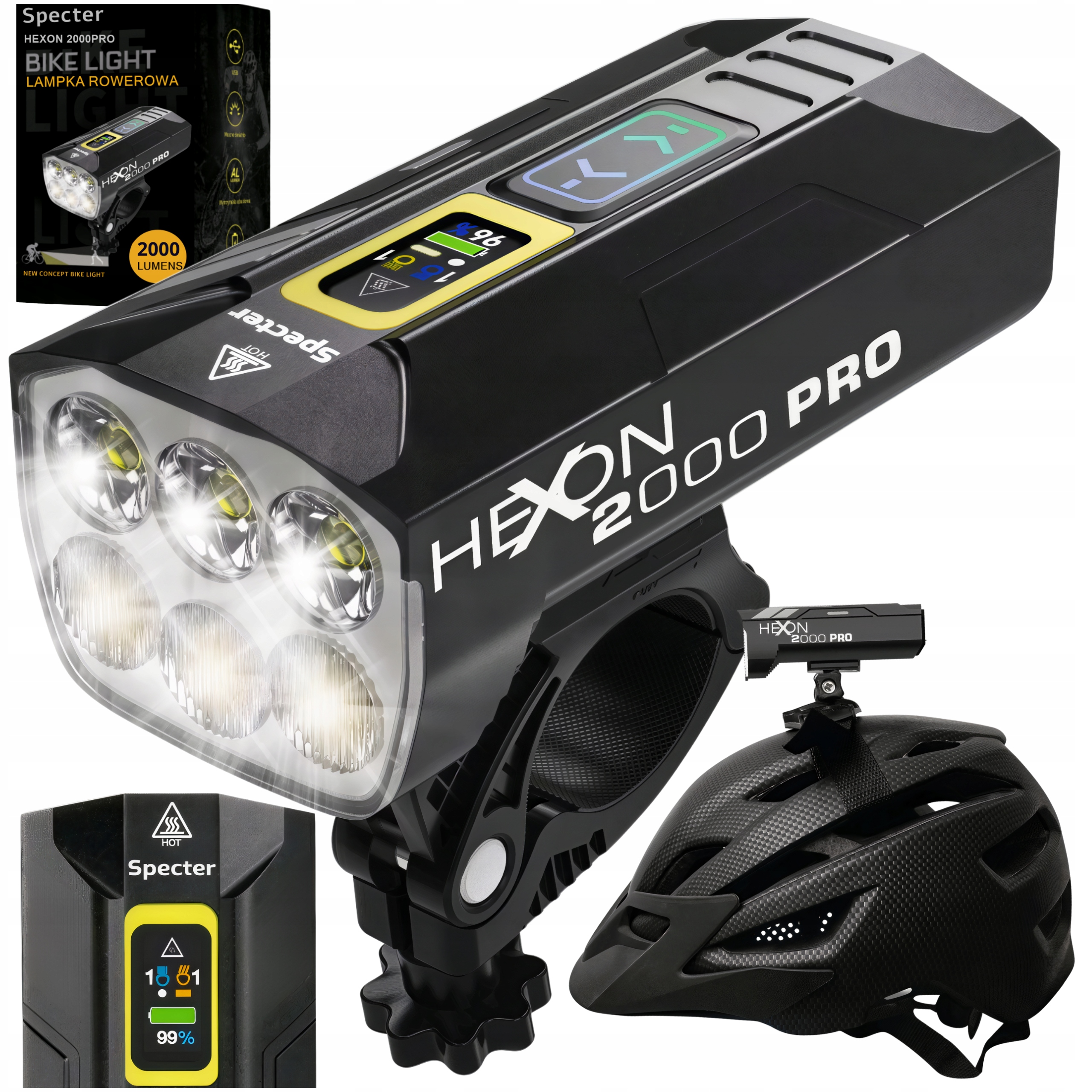 LAMPA ROWEROWA MOCNA SPECTER HEXON 2000PRO 2000LM USB C POWERBANK 10 000MAH