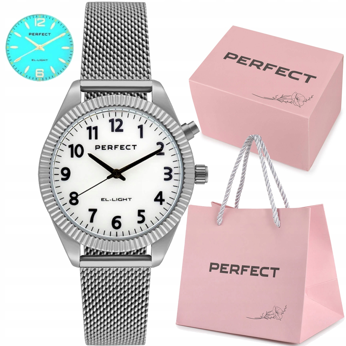 Dámské hodinky Perfect S Číslicemi A Podsvícením, pletený řemínek mesh Gravírování