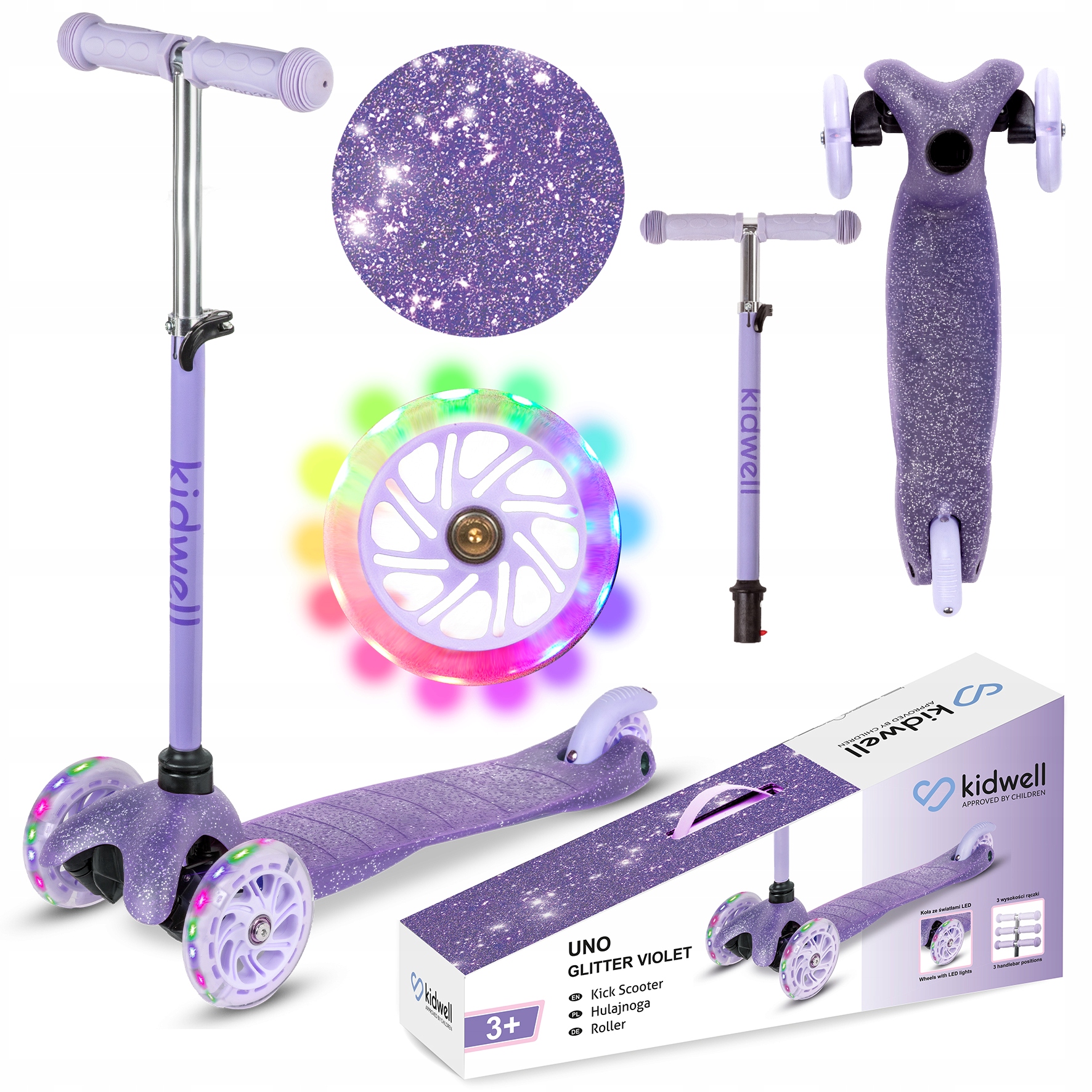 Hulajnoga balansowa Kidwell Uno dla dzieci fioletowa brokat trójkołowa Led