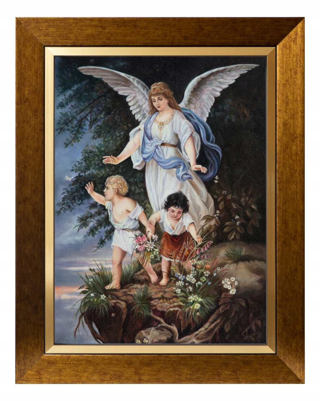 Anděl strážný Sakrální Obraz Zlaté Plátno, Ozdobný Rám 30X40