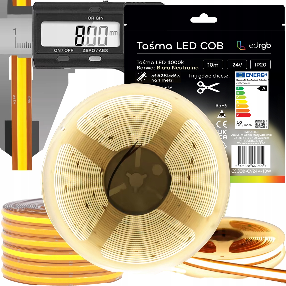 Led pásek Neon Cob 24V 10 m 528 4000K Bílý Neutrální Free Cut Řezaný Co 1 mm