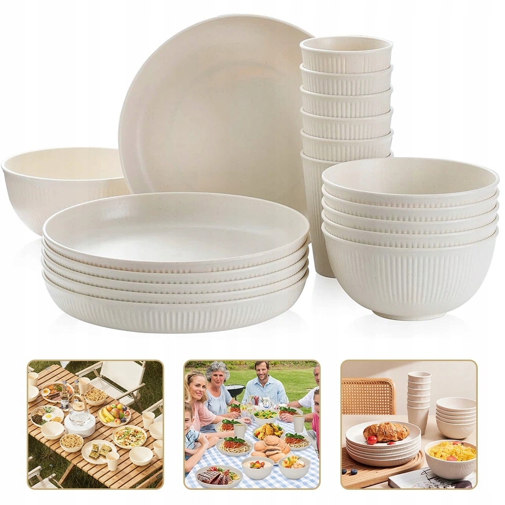 Sada 18 Talířů A Misek Pro 6 Osob Béžová S Přírodní Pšeničnou Slámou