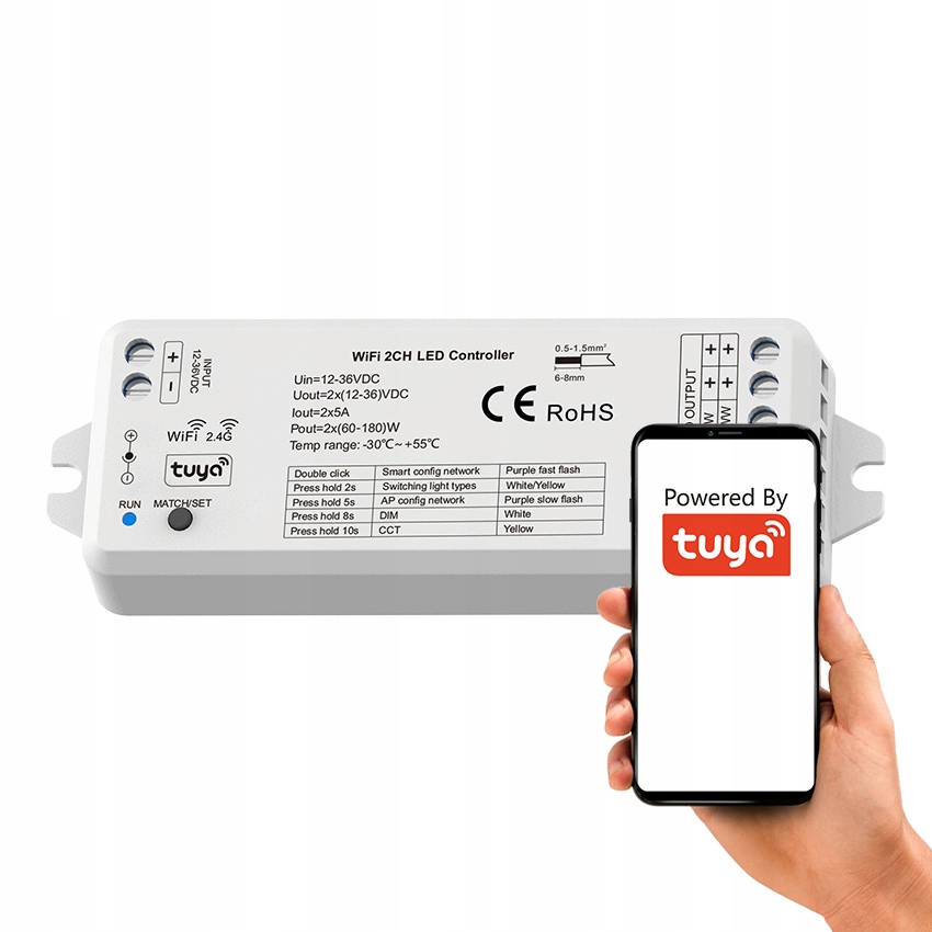 Kontroler Led Mono Cct 2*5A 12-36V Przełącznik Seria Sd WiFi Rf Tuya