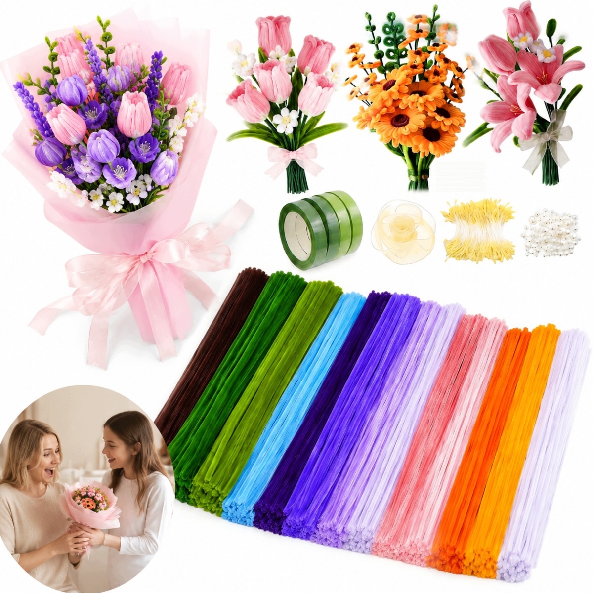 Ozdobné Drátky Kreativní Floristické Nadýchané Barevné Vytěráky 800 Ks