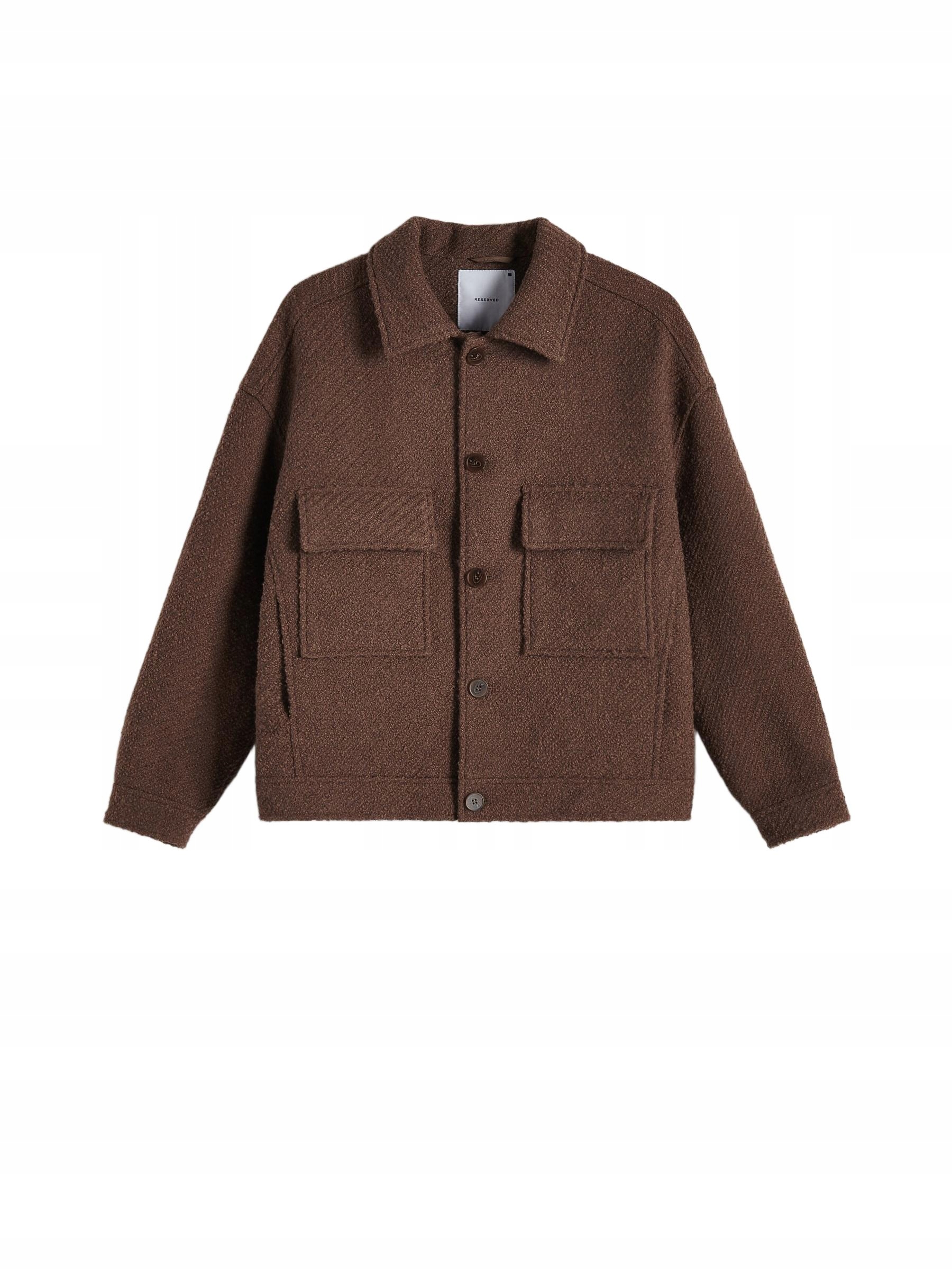 Brązowa Teksturowana Kurtka Przejściowa Na Guziki Z Domieszką Wełny L