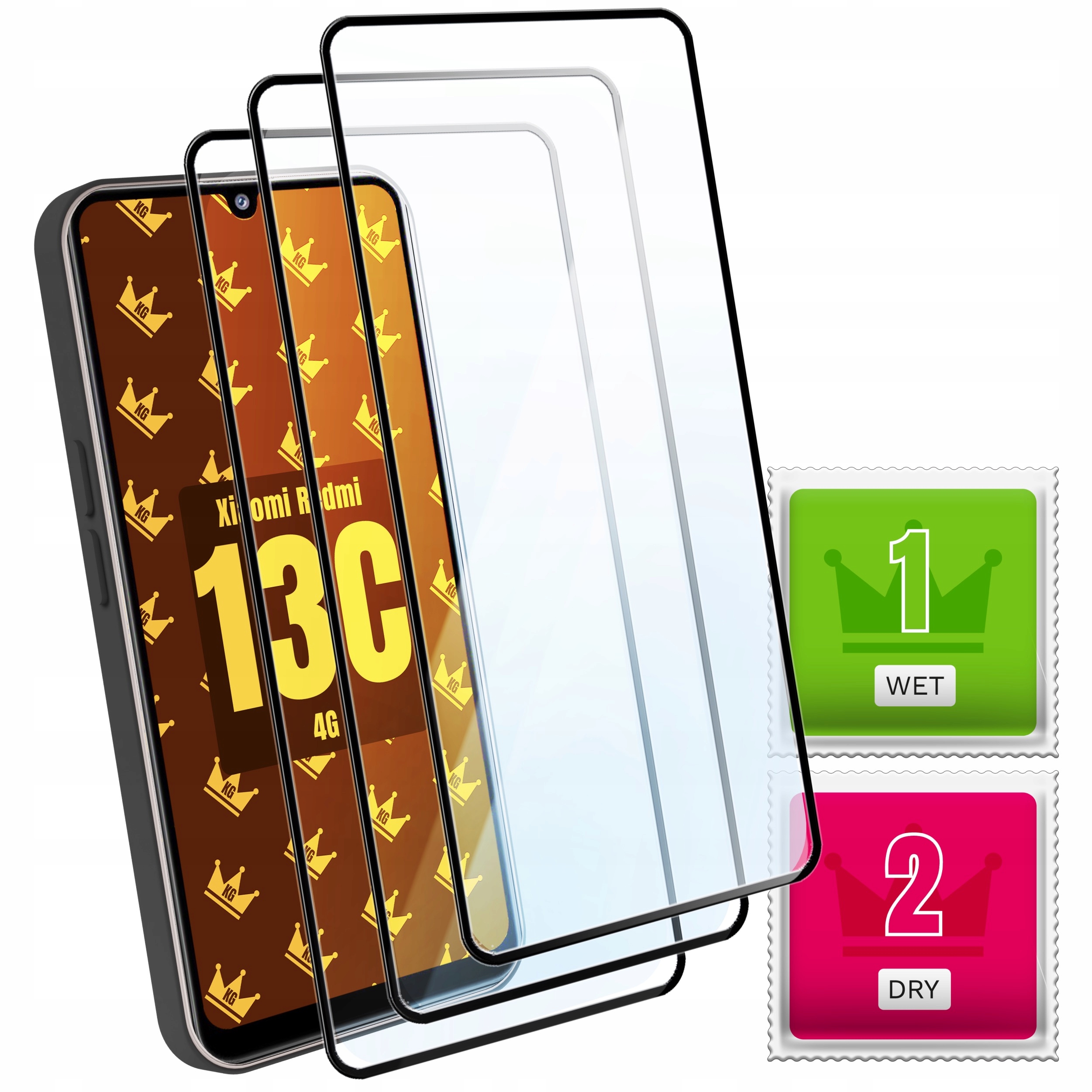 3-PAK Szkło Hartowane do Xiaomi Redmi 13C 4G (9H, Pełne 5D, Ochronne)