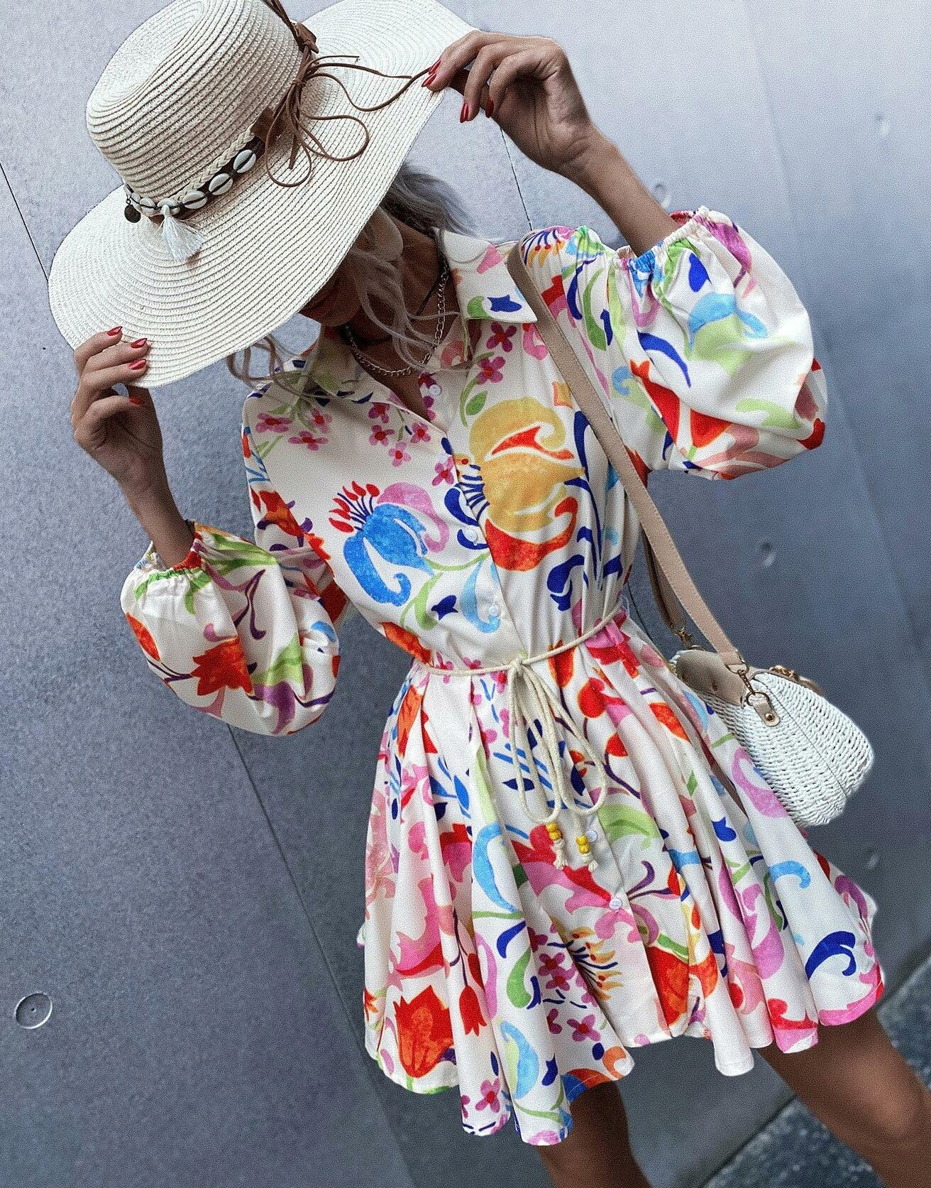 SUKIENKA MINI WZORZYSTA KOSZULOWA Z DŁUGIM RĘKAWEM PASEK SHEIN S Długość przed kolano