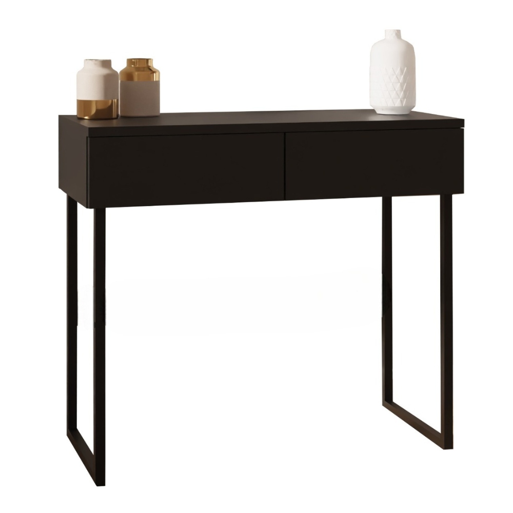 Konzolový Stolek, toaletní stolek, komoda s nožičkami, dvě zásuvky, černá, šířka 90 cm