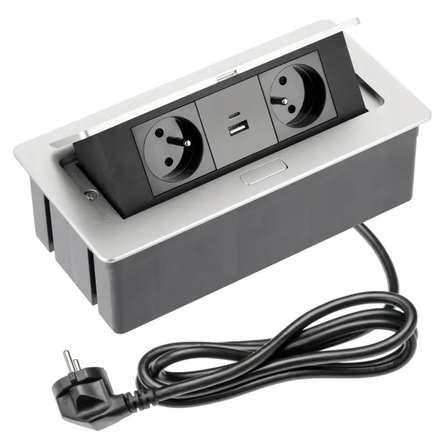 Nábytková zásuvka Soft 2x s uzemněním, Usb A+c, napájecí kabel, alu