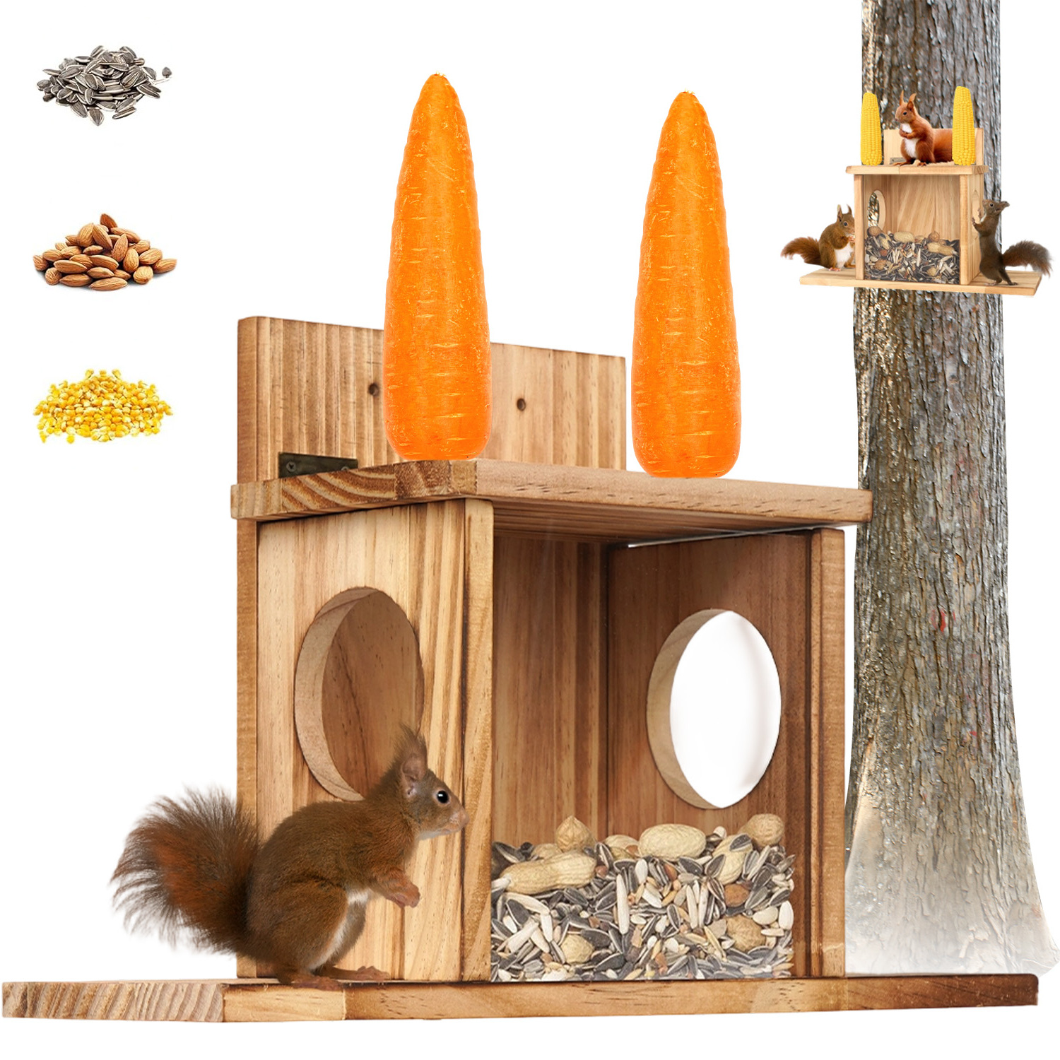 Levně Dřevěný Podavač Pro Veverky S Průhledným Krytem Na Vnější Straně