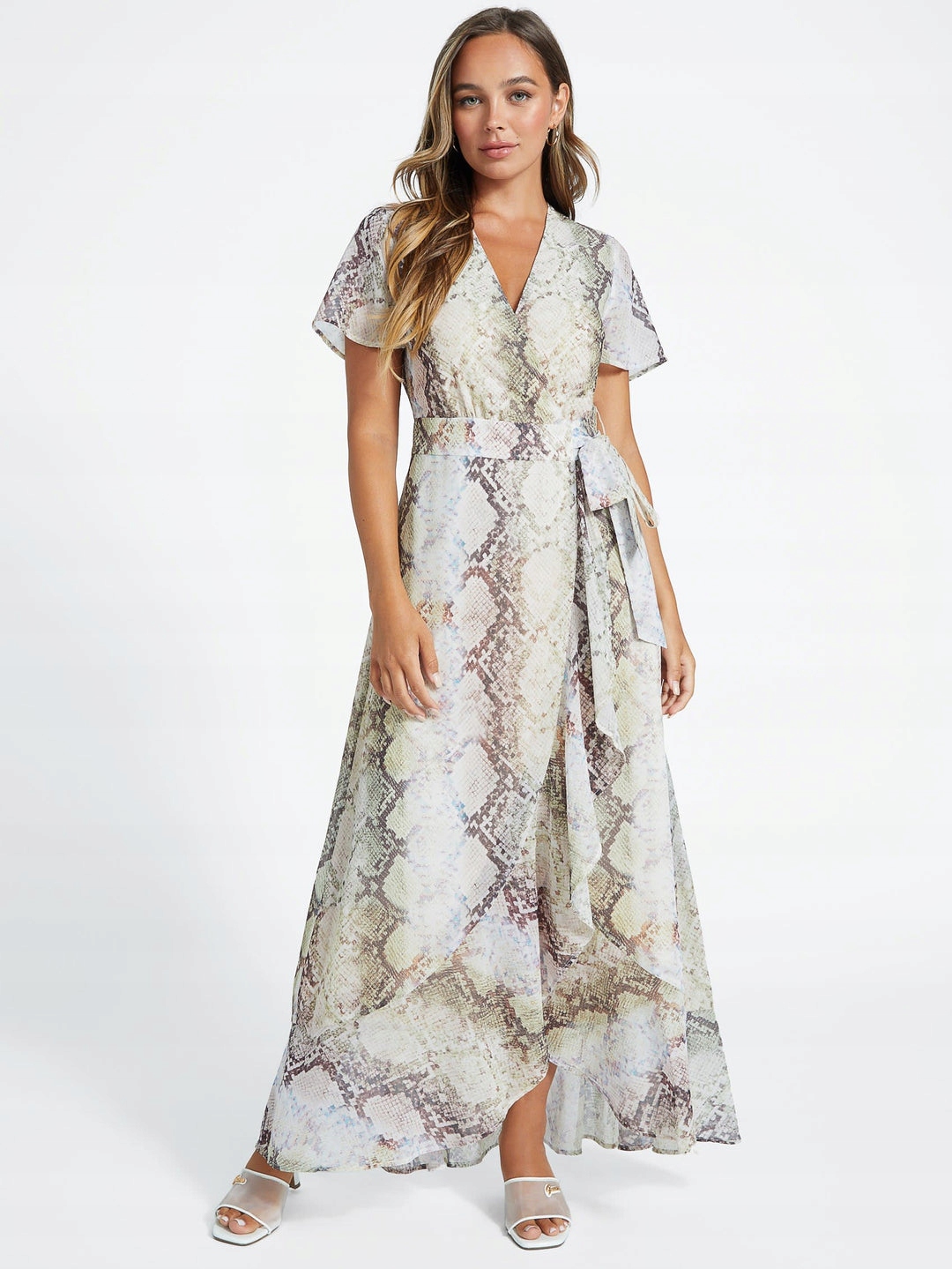 Guess Šaty Dlouhé S Výstřihem Do V A Páskem Vzor Python Xs Gga