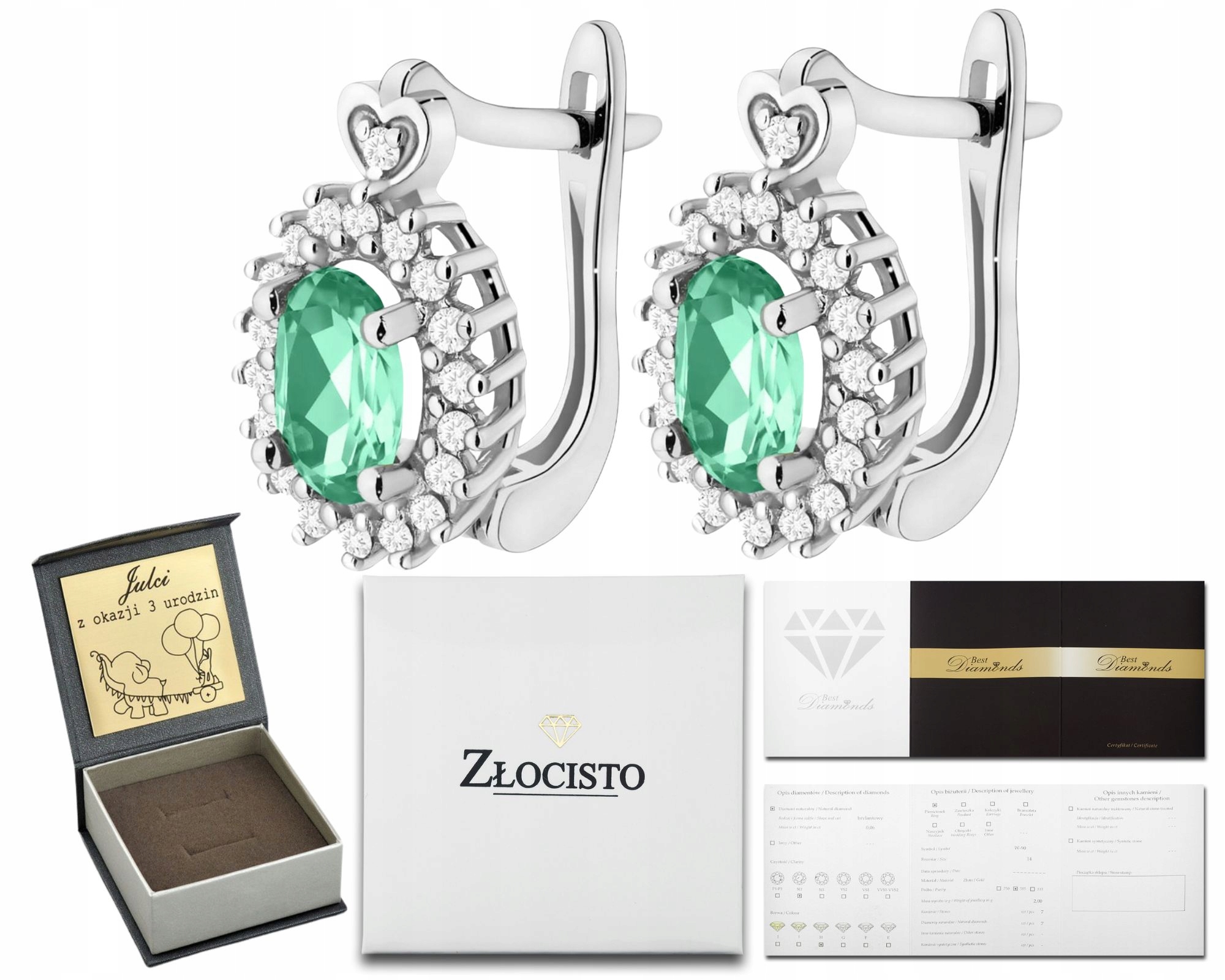 Bílé Zlato Náušnice Zelené Smaragdy Srdce Diamanty Anglické Zapínání