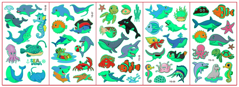 TATUAŻE ZMYWALNE KALKOMANIE ŚWIECĄCE W CIEMNOŚCI OCEAN 5 ARKUSZY Kod producenta YT-06-10