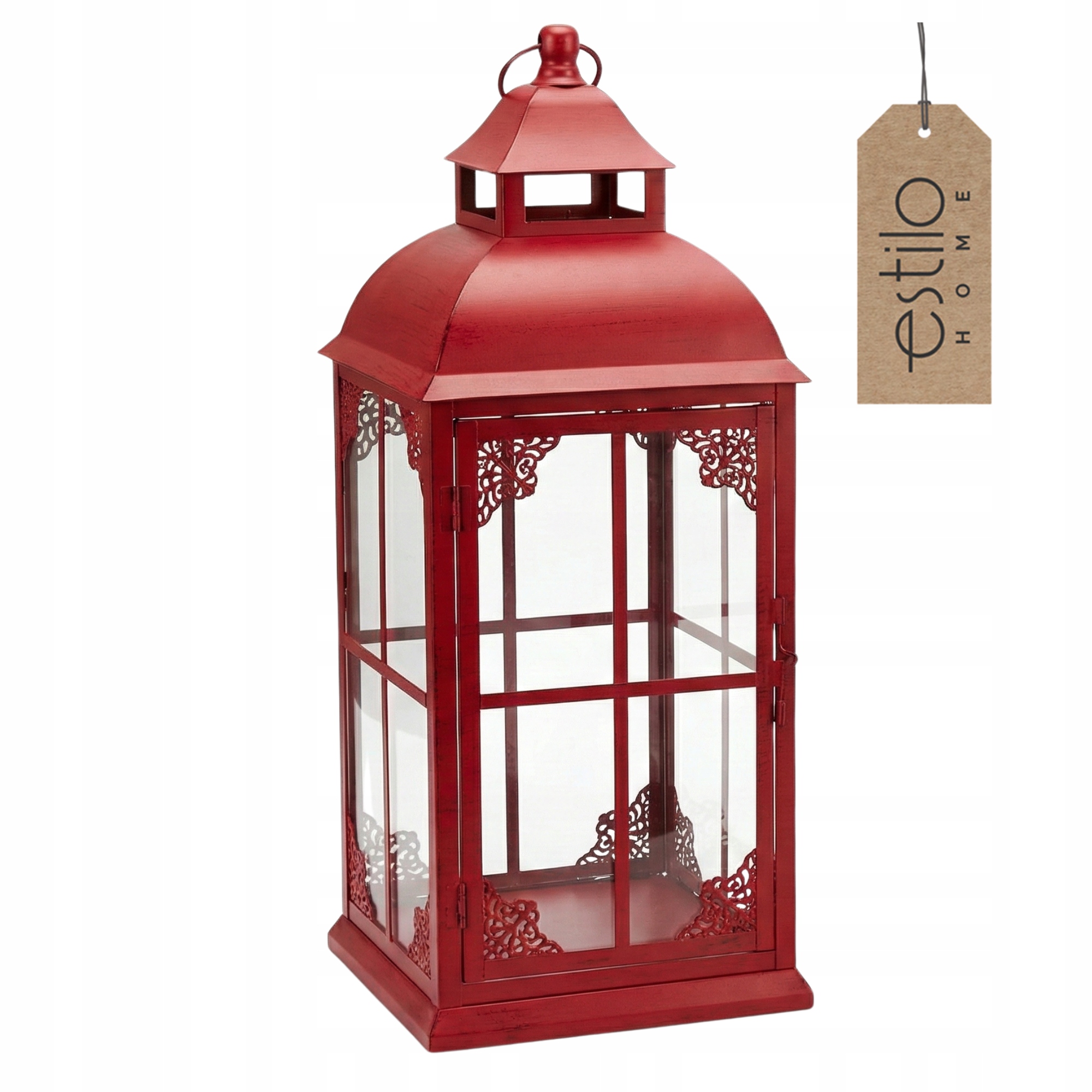 Kovová lucerna červená 56 cm Velká dekorativní lucerna Rustikální styl