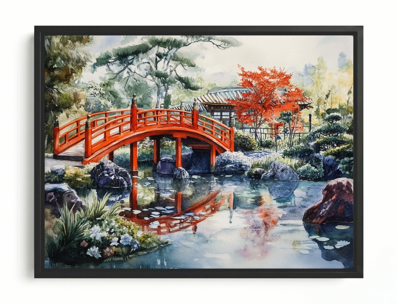 Obraz Rám Americký Box Japonská Zahrada Most Rybník Akvarel 100x75
