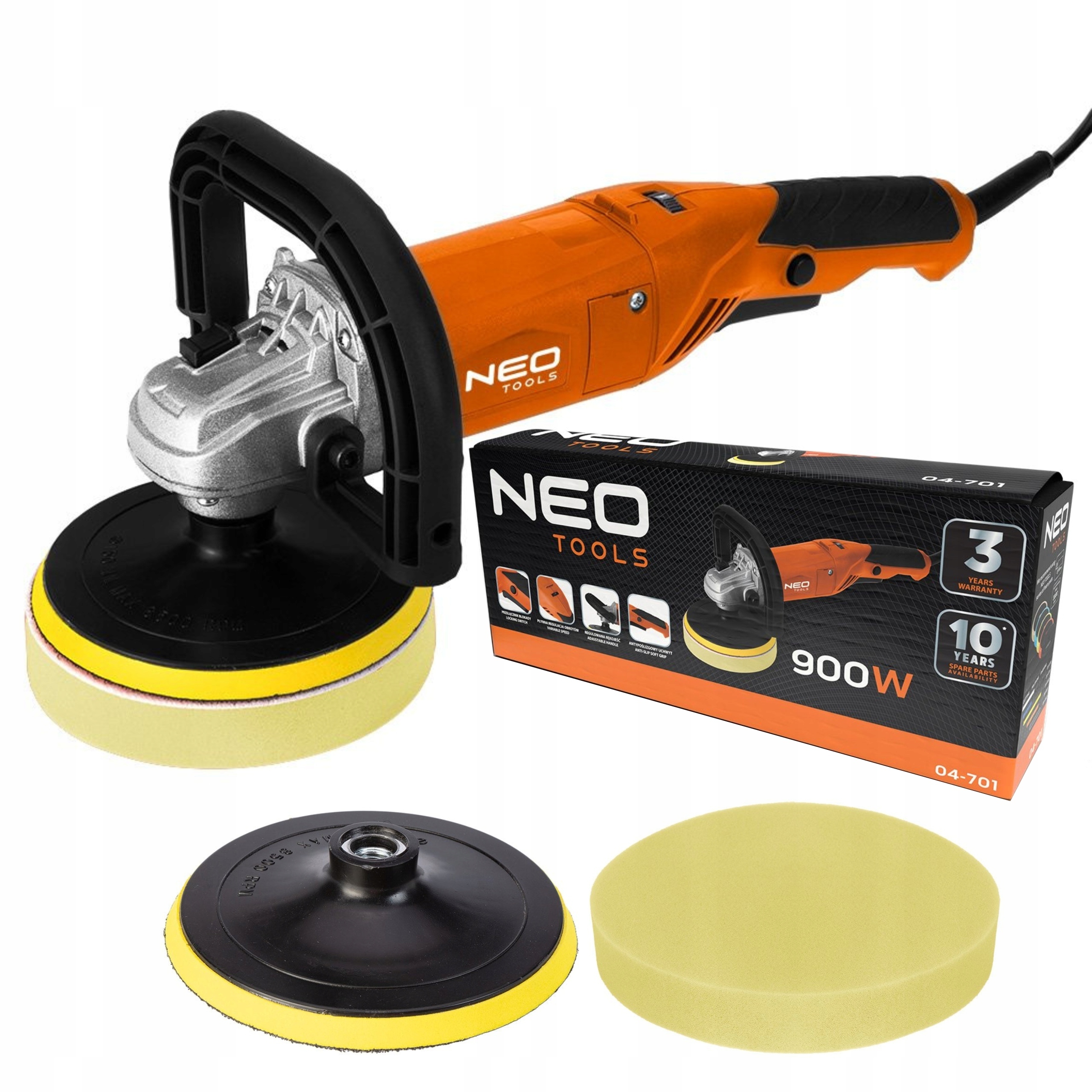NEO POLERKA SAMOCHODOWA MIMOŚRODOWA 900W 150mm REGULACJA OBROTÓW +3 KRĄŻKI