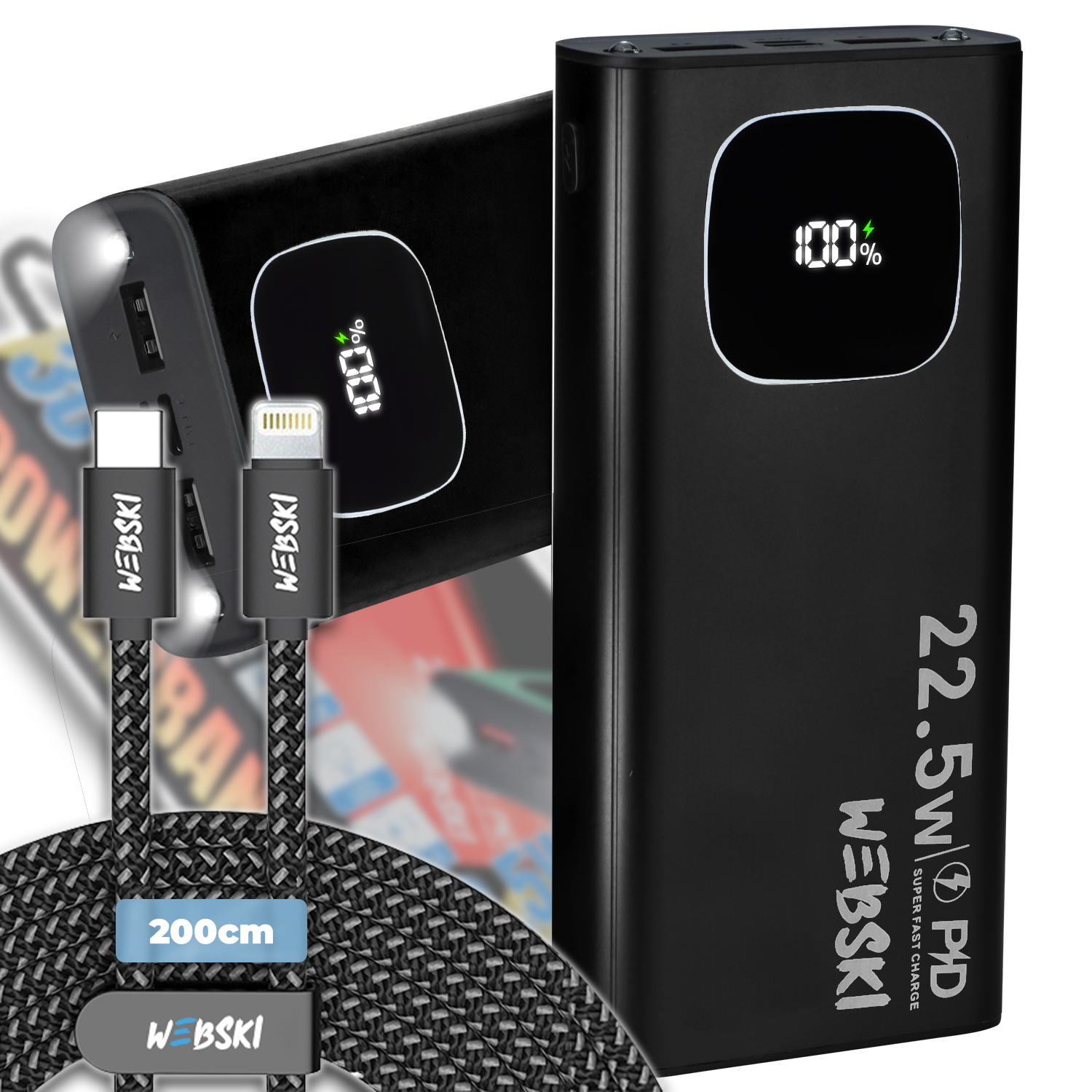 Výkonná Powerbanka 30000 Mah Usb-c Quick Charge Lightning Kabel 2 M