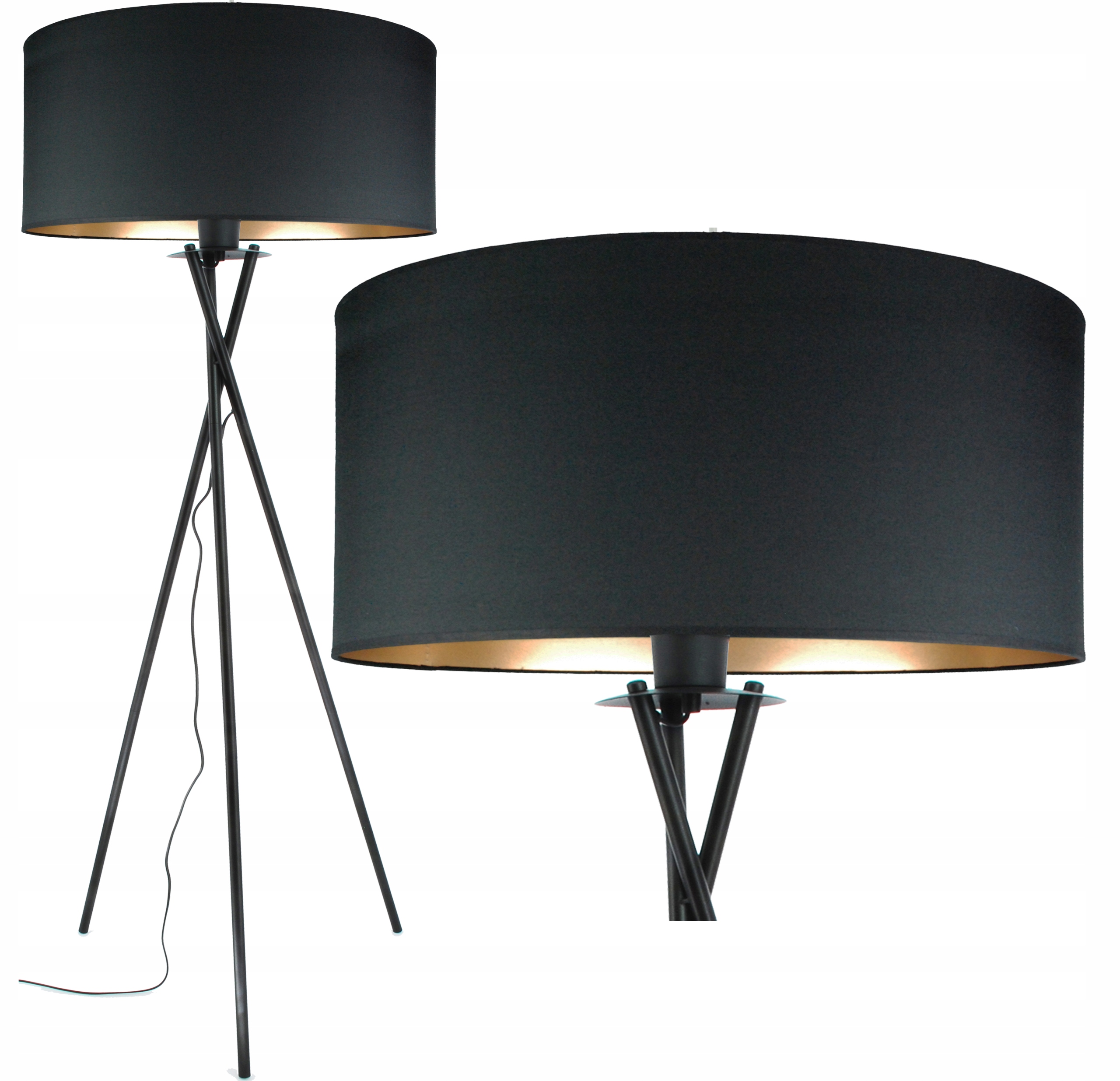 Podlahová Lampa 150 cm Tripod Čierna Tienidlo So Zlatým Interiérom Moderná