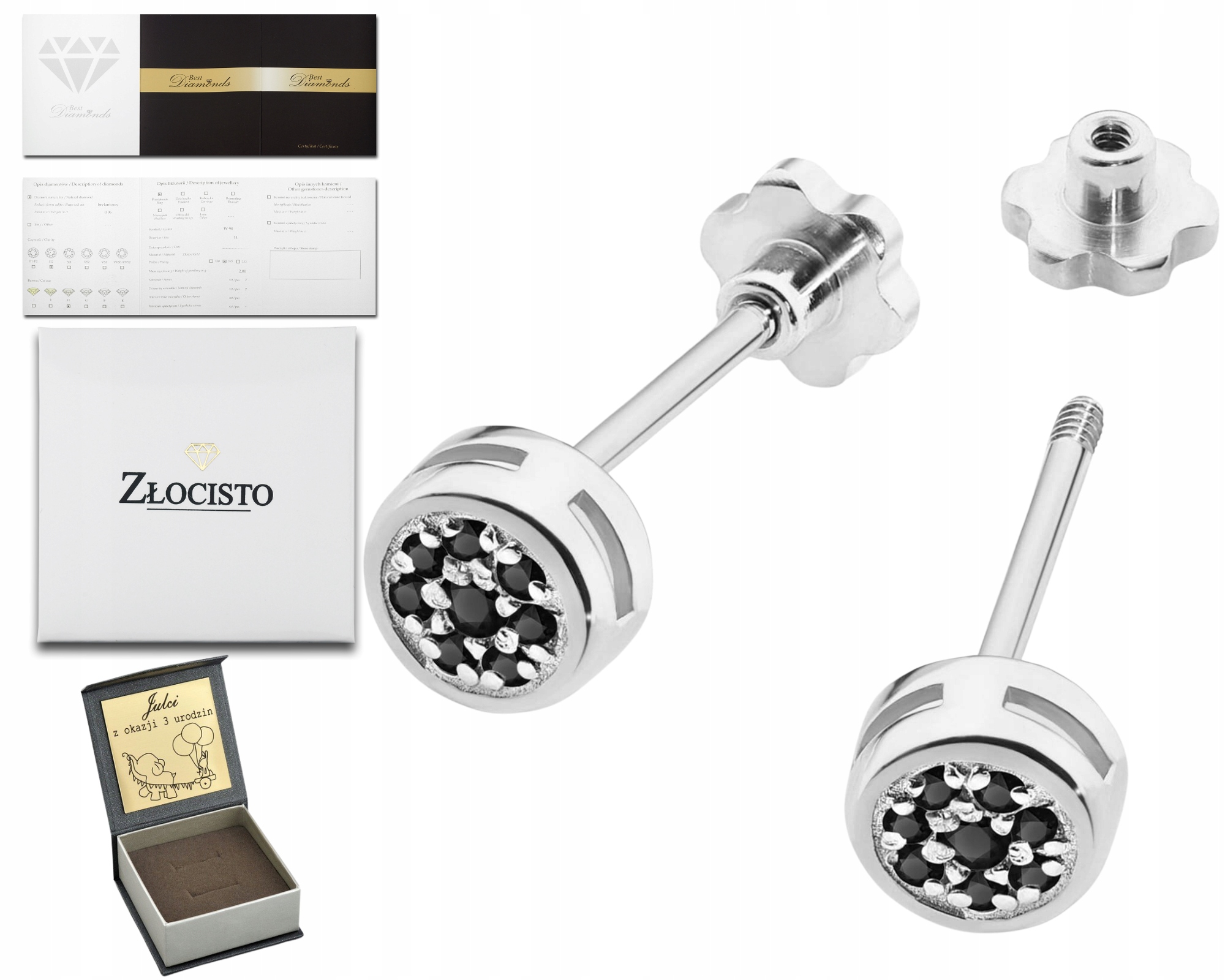 Bílé Zlato Náušnice S Černým Briliantem Šroubovací Tyčinka Zlato 585 Dárek