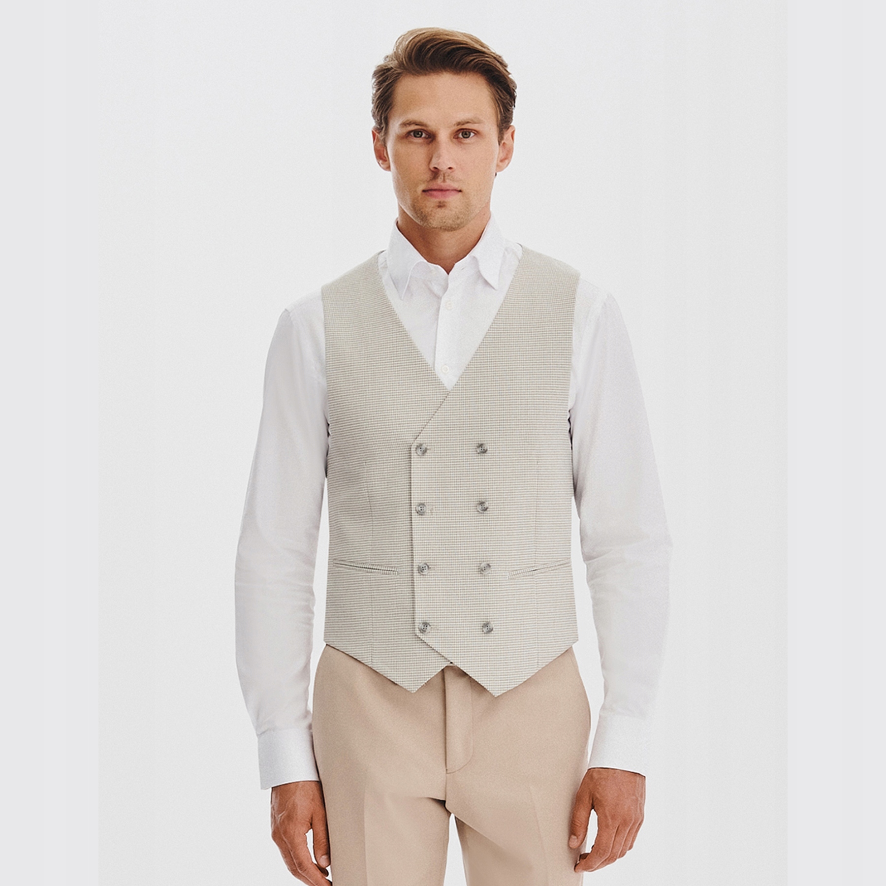 Pánská vesta ve vzoru šedo-béžové pepitky Pako Lorente vel 52