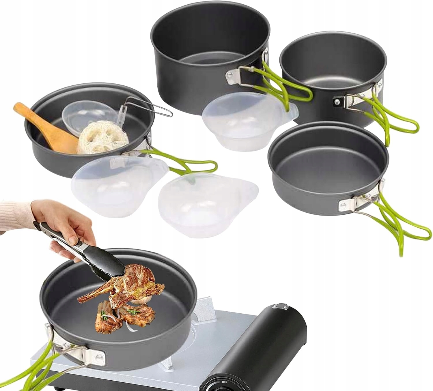 Sada Kempingového turistického nádobí Hrnce Pánev naběračka Misky