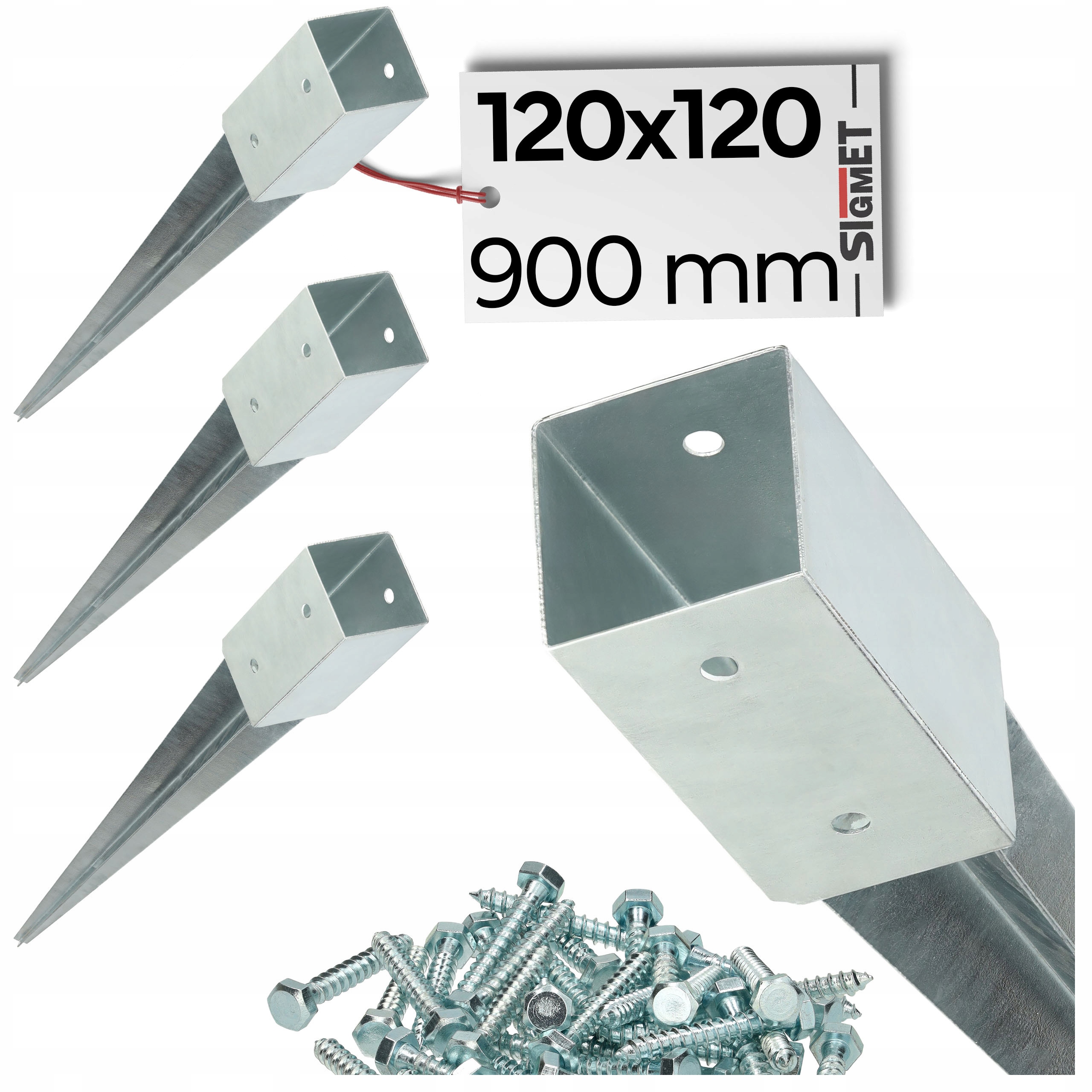 4 x základňa stĺpika zatĺkacia kotva 120 x 120 900 mm pozinkovaná skrutky na montáž