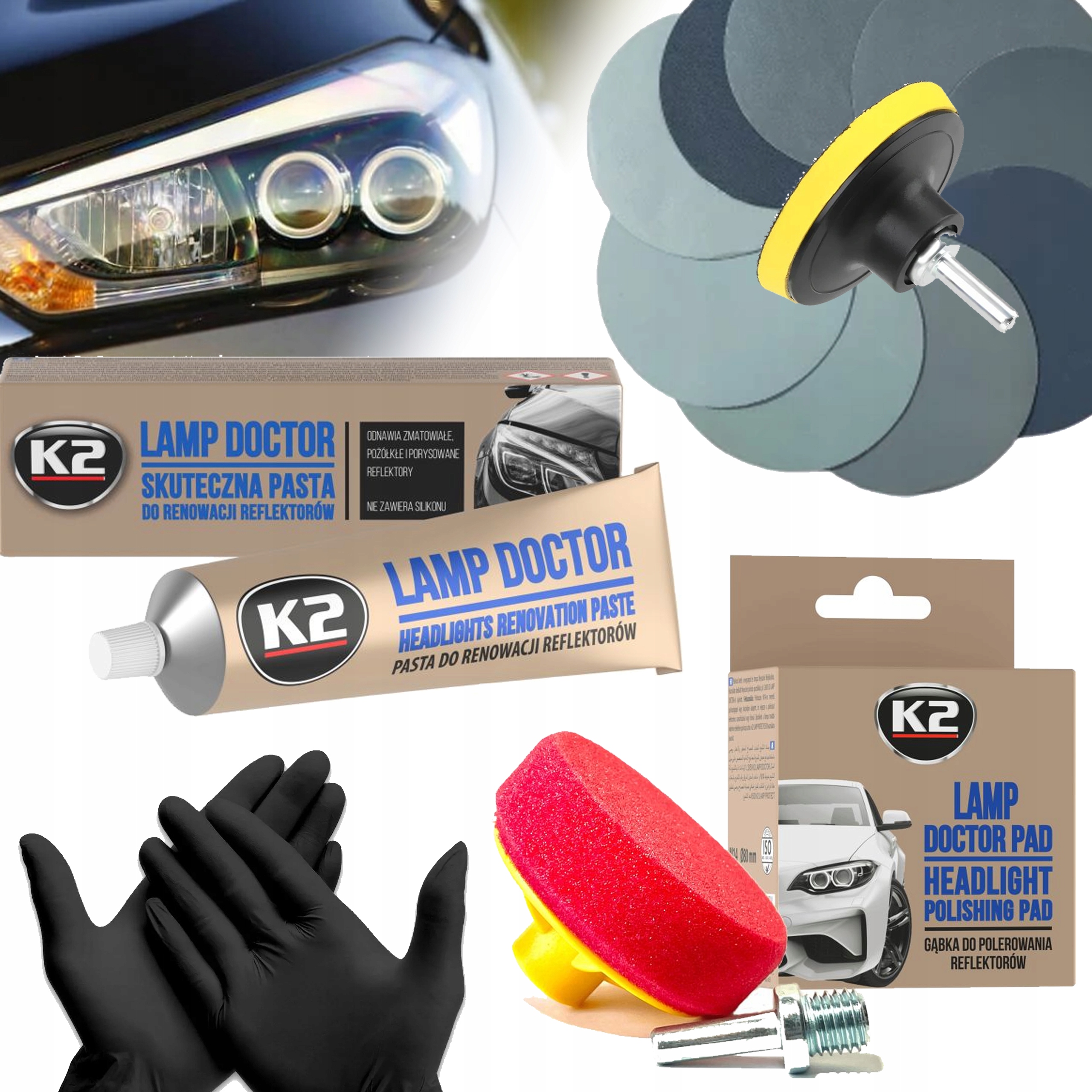 Zestaw Pad +pasta +papier Wodny Do Polerowania Regeneracji Reflektorów Lamp