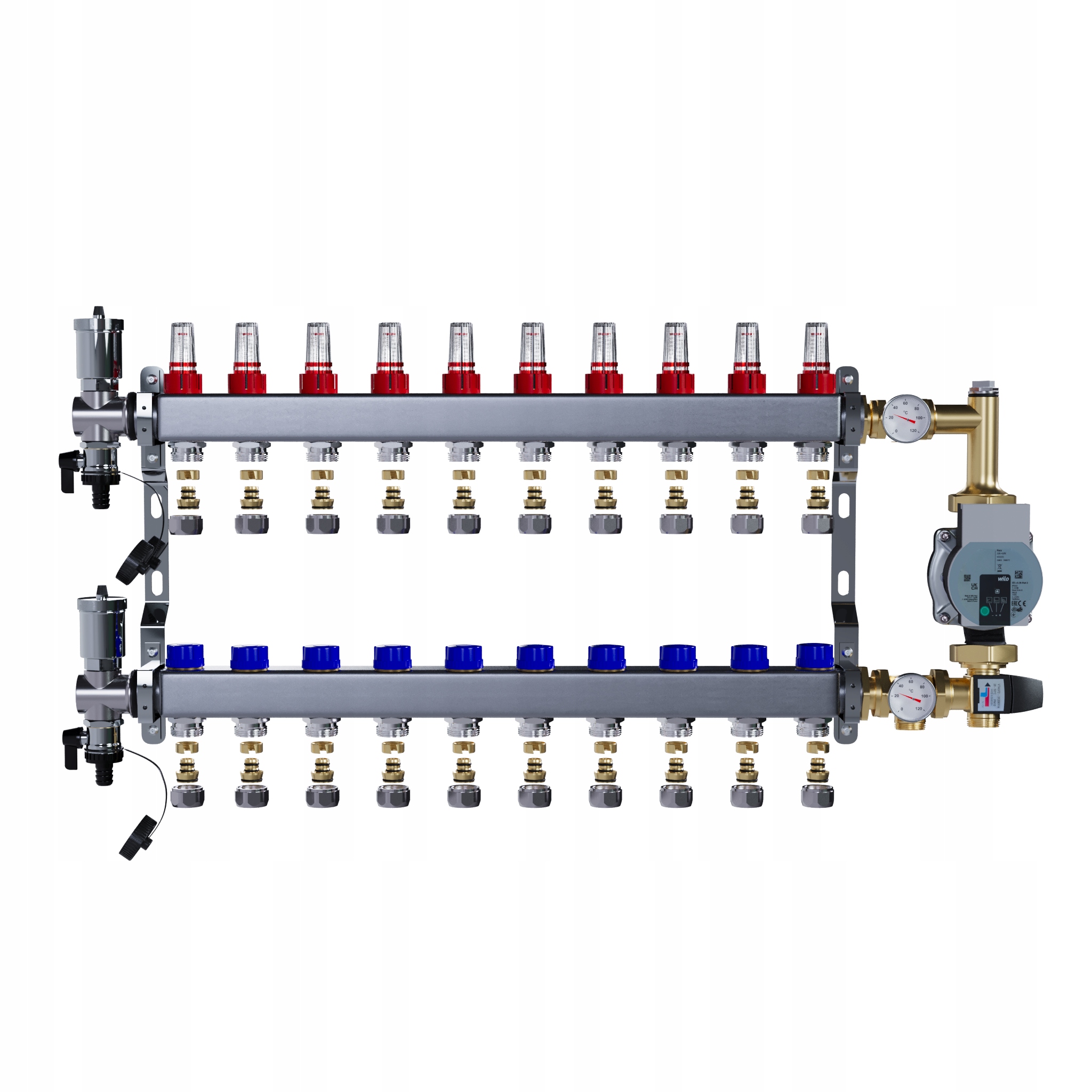 Rozdělovač pro podlahové vytápění 10 nerezový+SPOJKY Pex+pompa Wilo