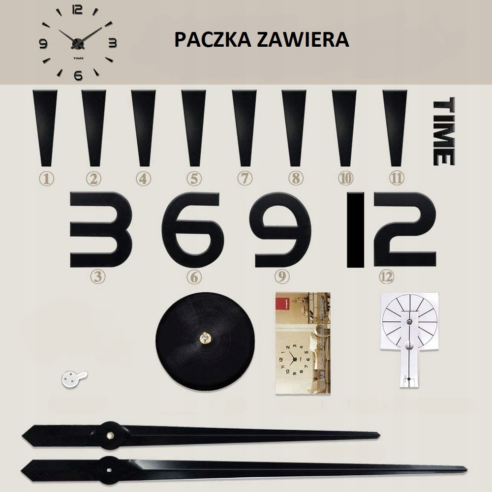 ZEGAR ŚCIENNY DUŻY NAKLEJANY NA ŚCIANĘ 3D CICHY 50-70 cm CZARNY LUSTRZANY Kształt okrągły