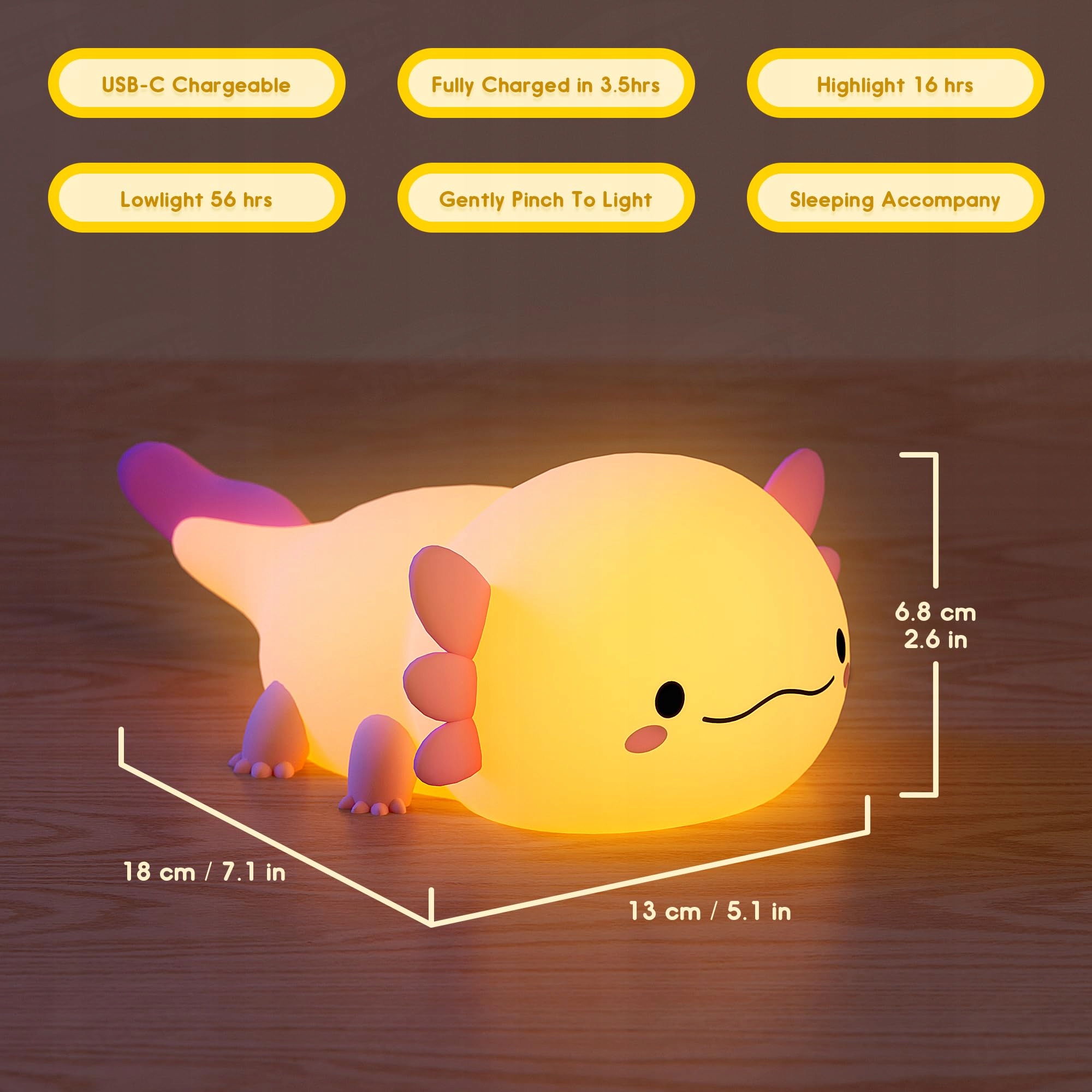 UNEEDE Lampka Nocna Dla Dzieci Silikonowa LED Różowy Axolotl — miniatura 6