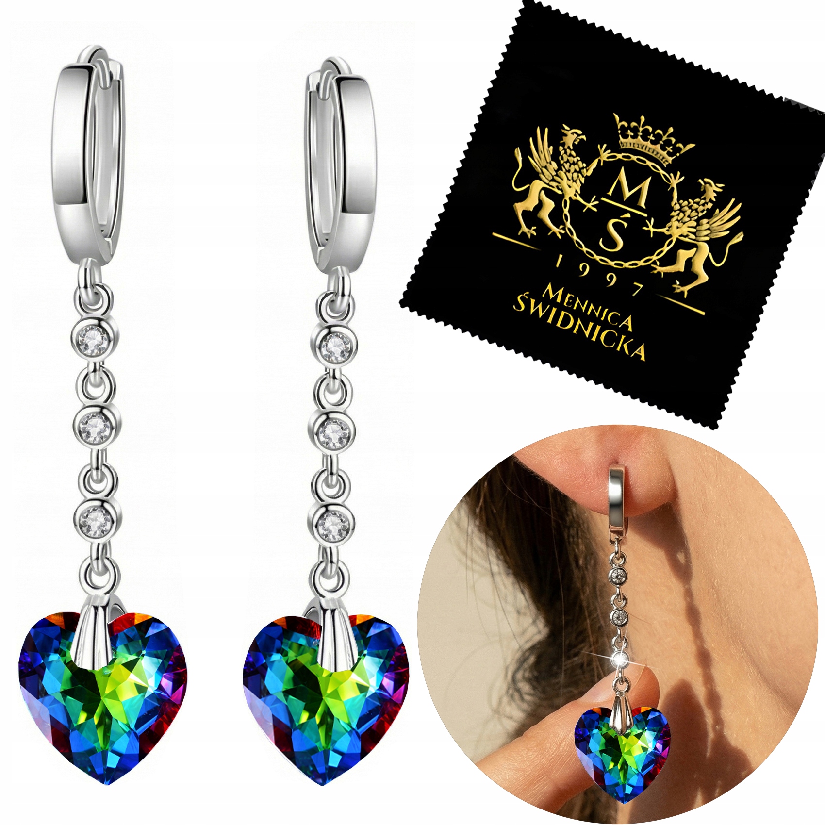 Dlouhé Náušnice Stříbro 925 Srdce Závěsné Zirkony Srdce Anglické zapínání