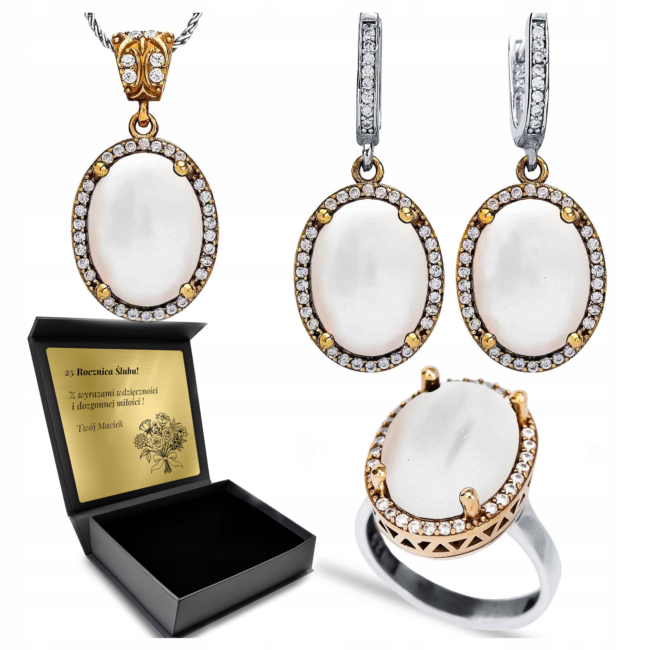 Komplet Stříbrných Šperků 925 Zirkony Perla Dárek pro ženu Gravírování