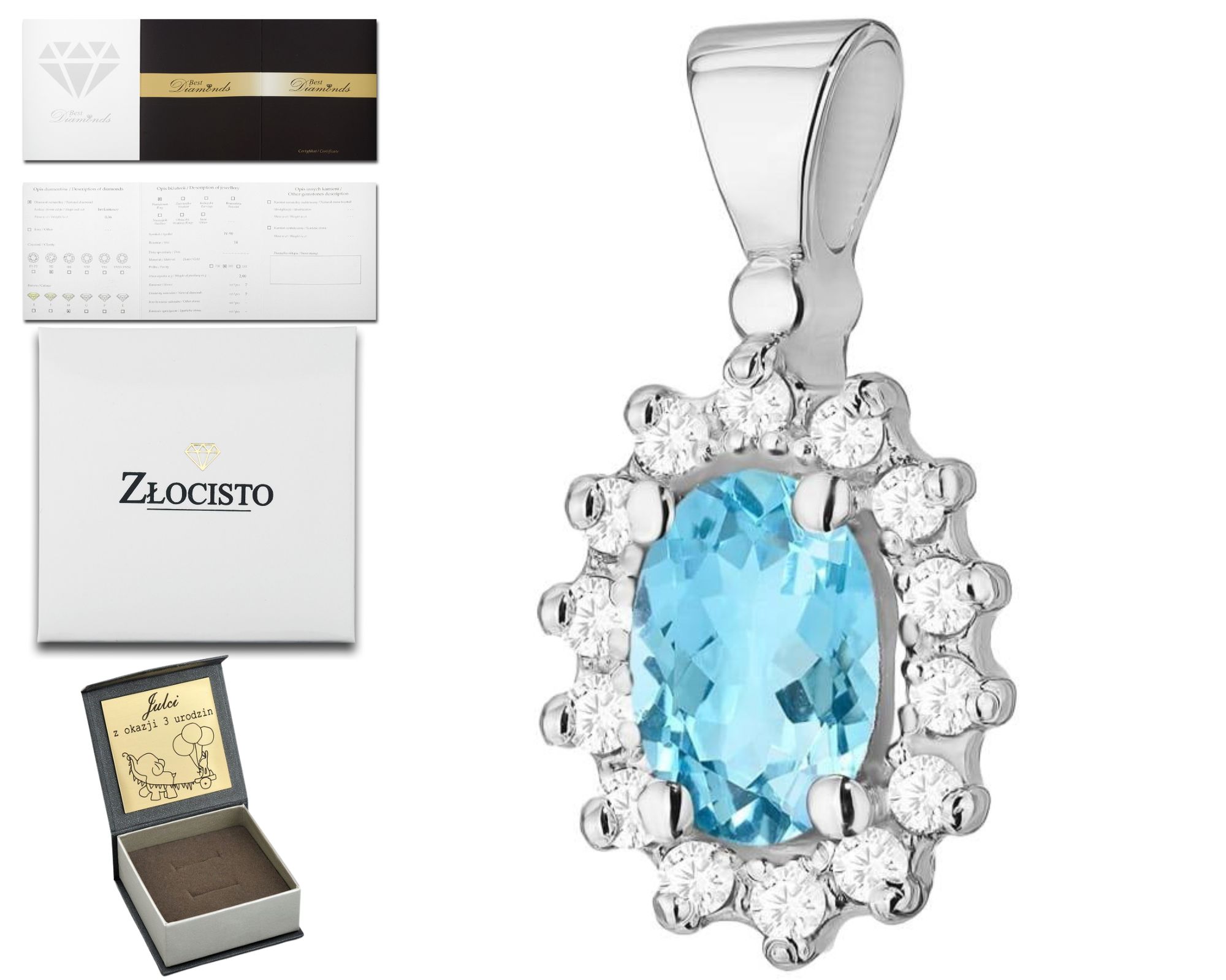 Bílé Zlato Přívěsek S Brilianty Přírodní Kámen Topaz 585 Dárek