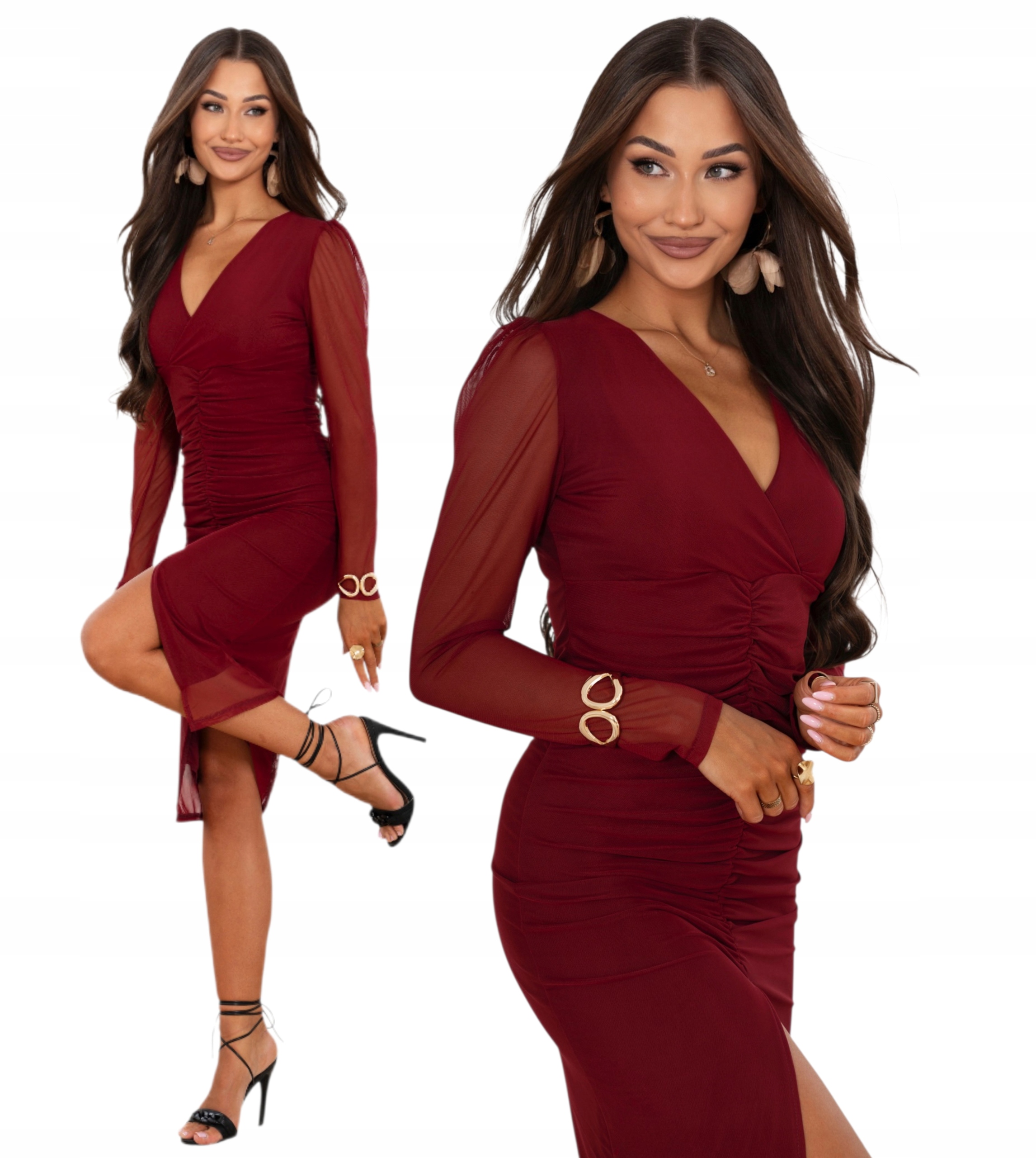 Bordó šaty midi s nařasením vel. M 38 rukávů ze síťoviny