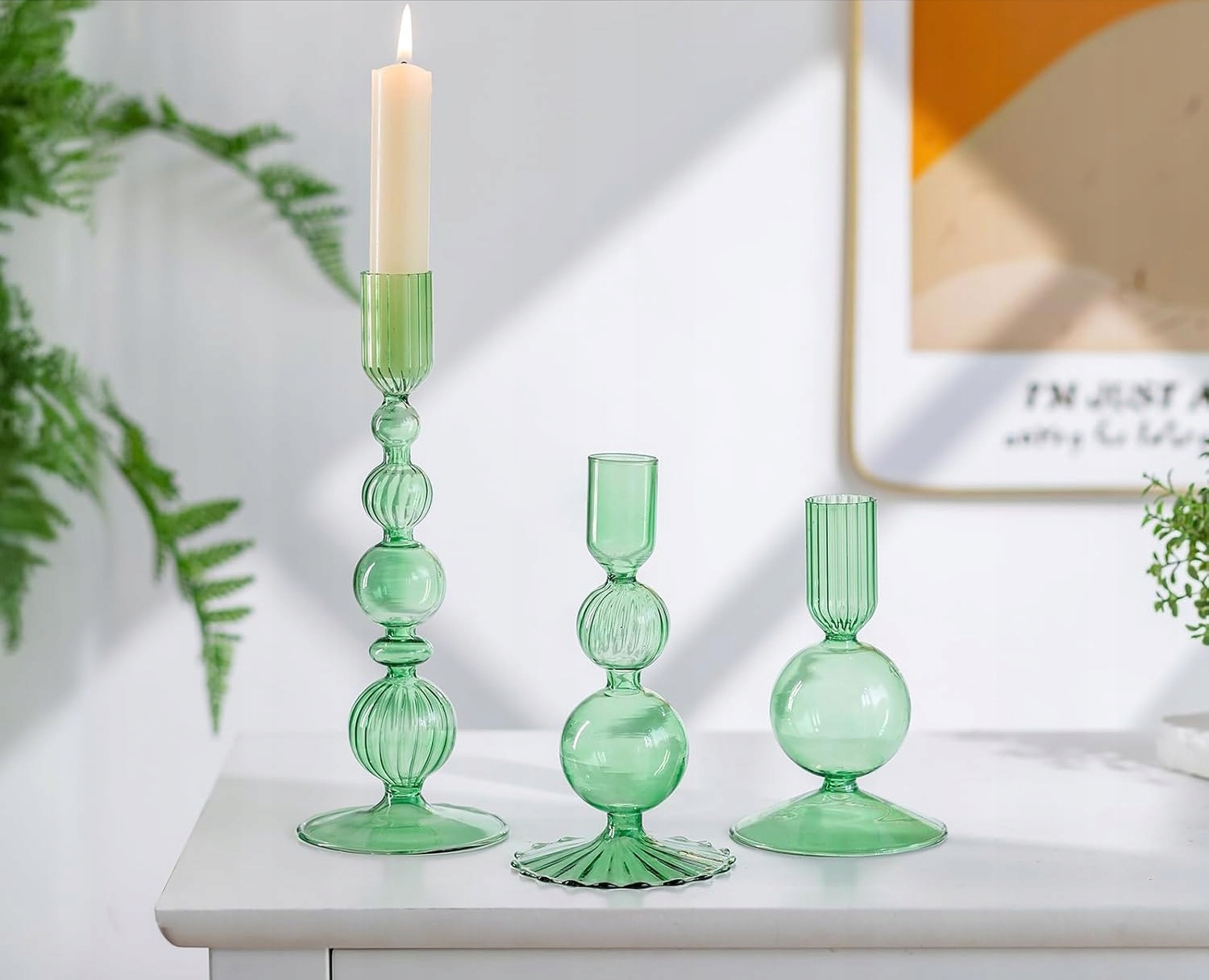 3x Zelené Skleněné Svícny 12 cm 15 cm a 20,5 cm na stůl pro Svatba svátky