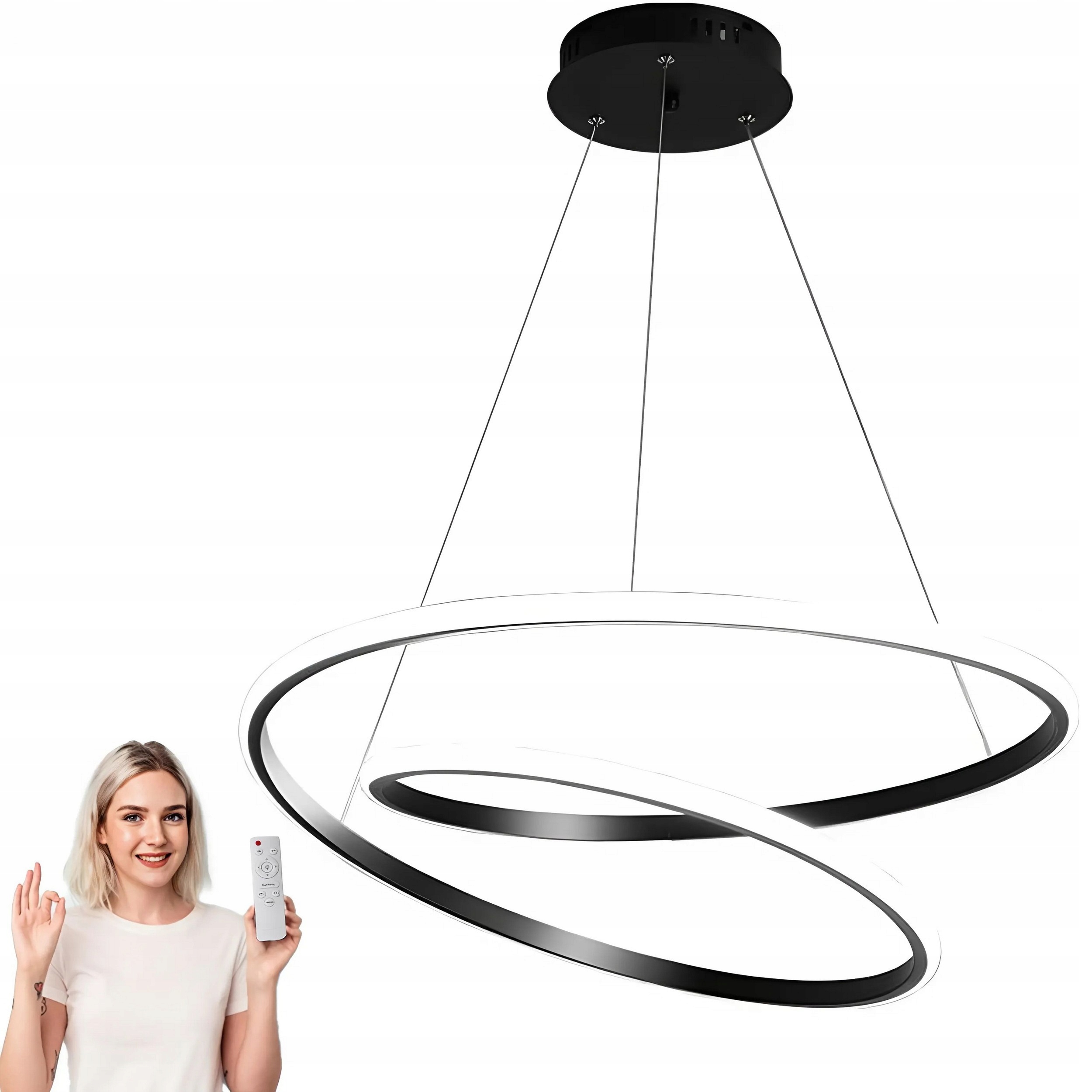 Černá Závěsná Led Lampa Loft, Lustr Modern 2 Ring 60 CM Dálkový Ovladač