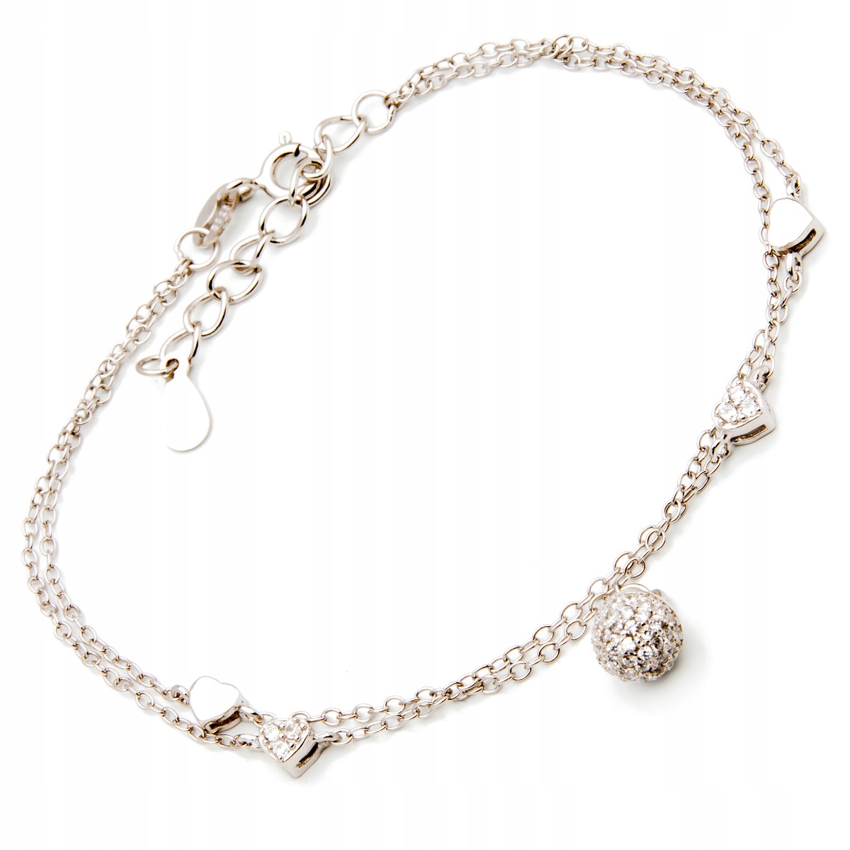 Stříbrný náramek 925 kulička zirkony srdce lesk