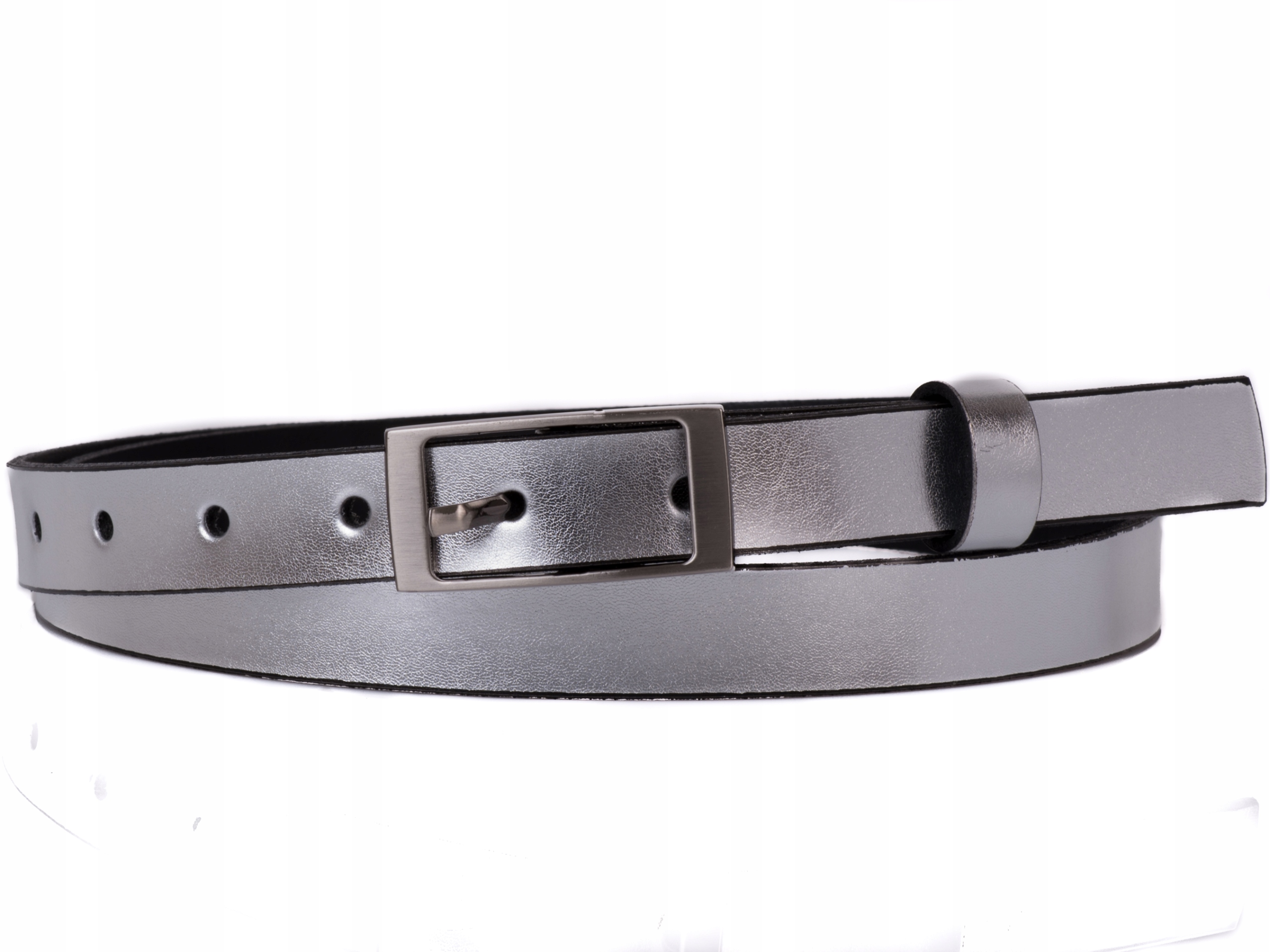 

Damski Skórzany pasek 2cm Srebrny |110obw