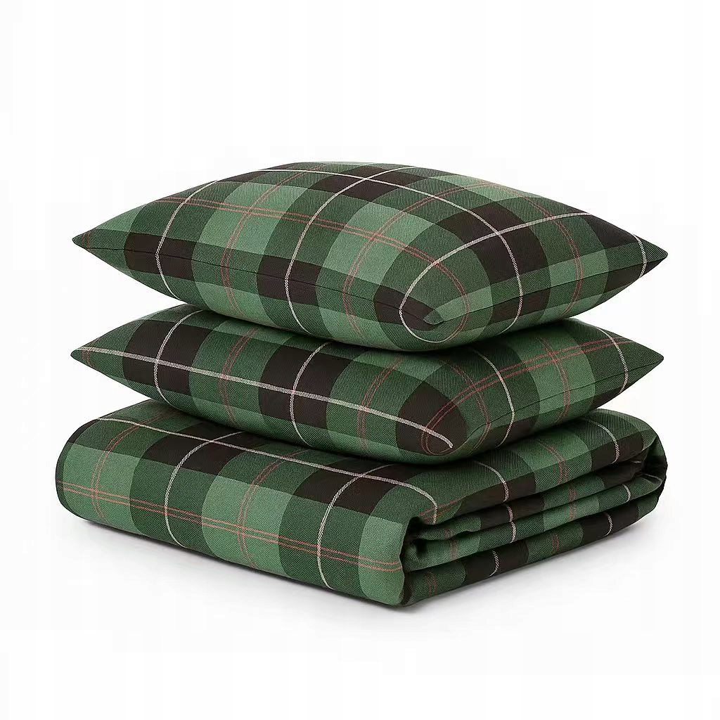 Pościel 160x200 bawełniana naturalna komplet poszewki wzór krata zielona