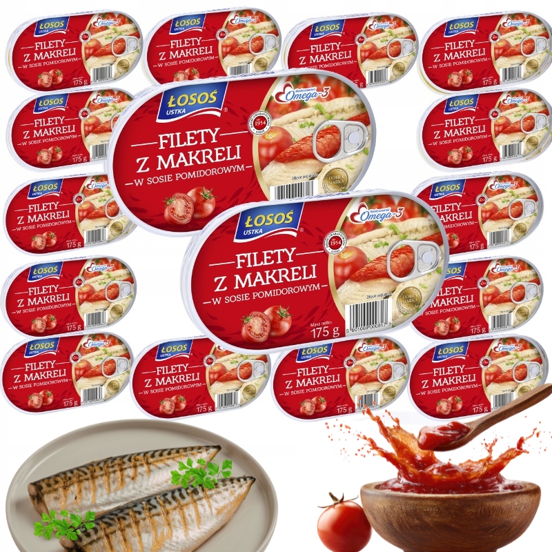 Filety Z Makrely V Rajčatové Omáčce Konzervy Ryby Łosoś Ustka 16x175g
