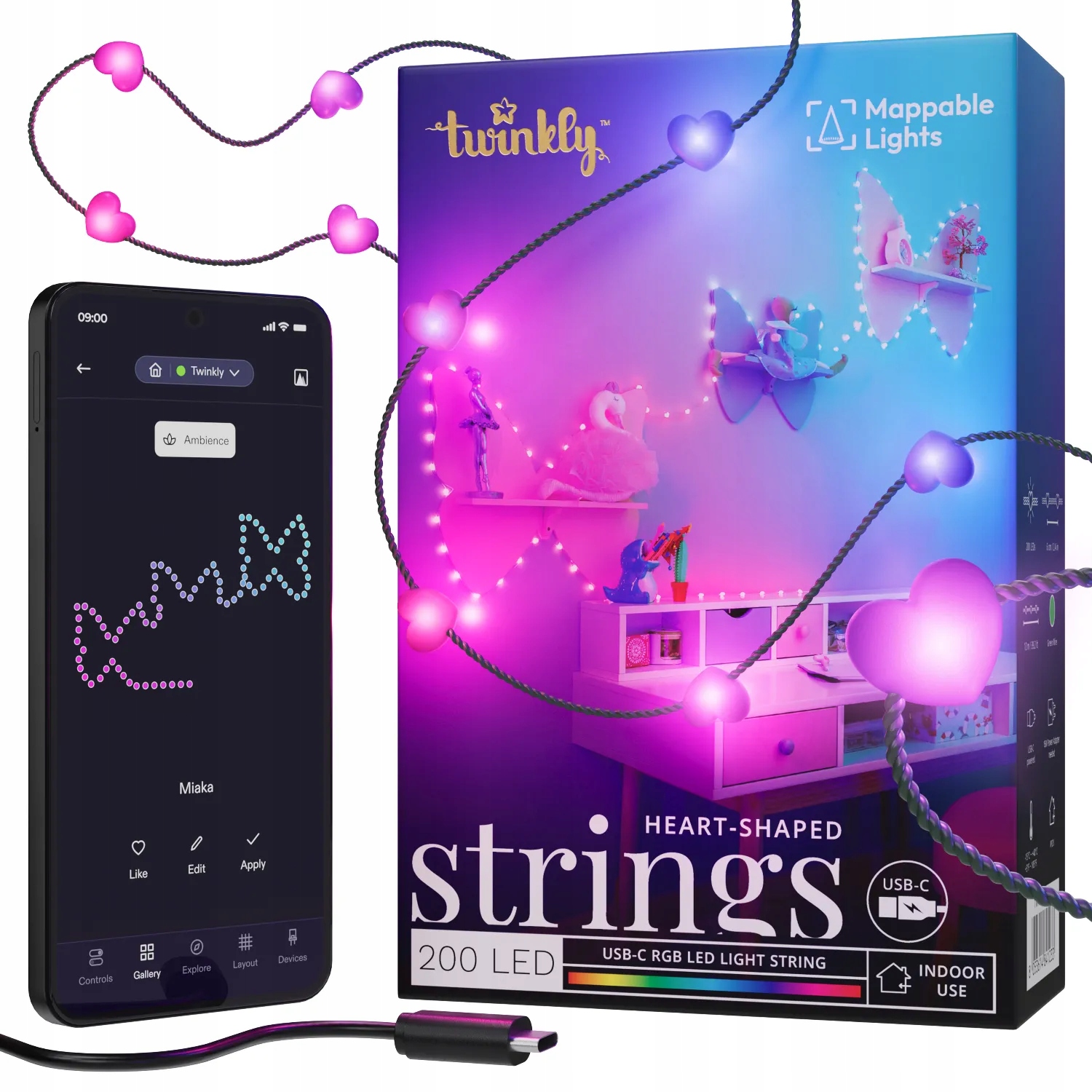 Vianočné osvetlenie na stromček Twinkly Strings Usb-c 200 Led, srdiečka, 12 m, zelené opletenie