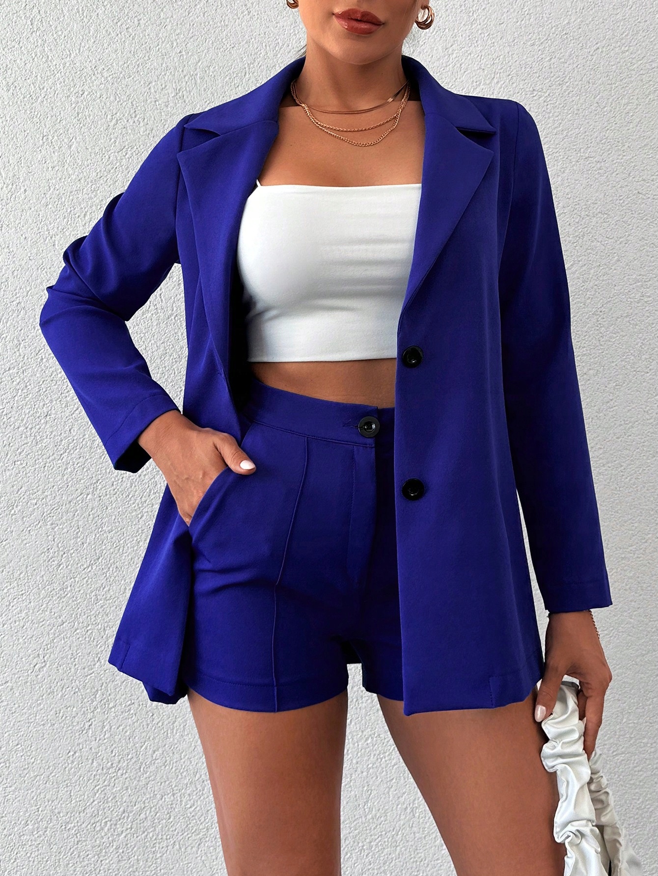 Dámský Elegantní Modrý Oblek Sako Kraťasy S Kant Shein L 40