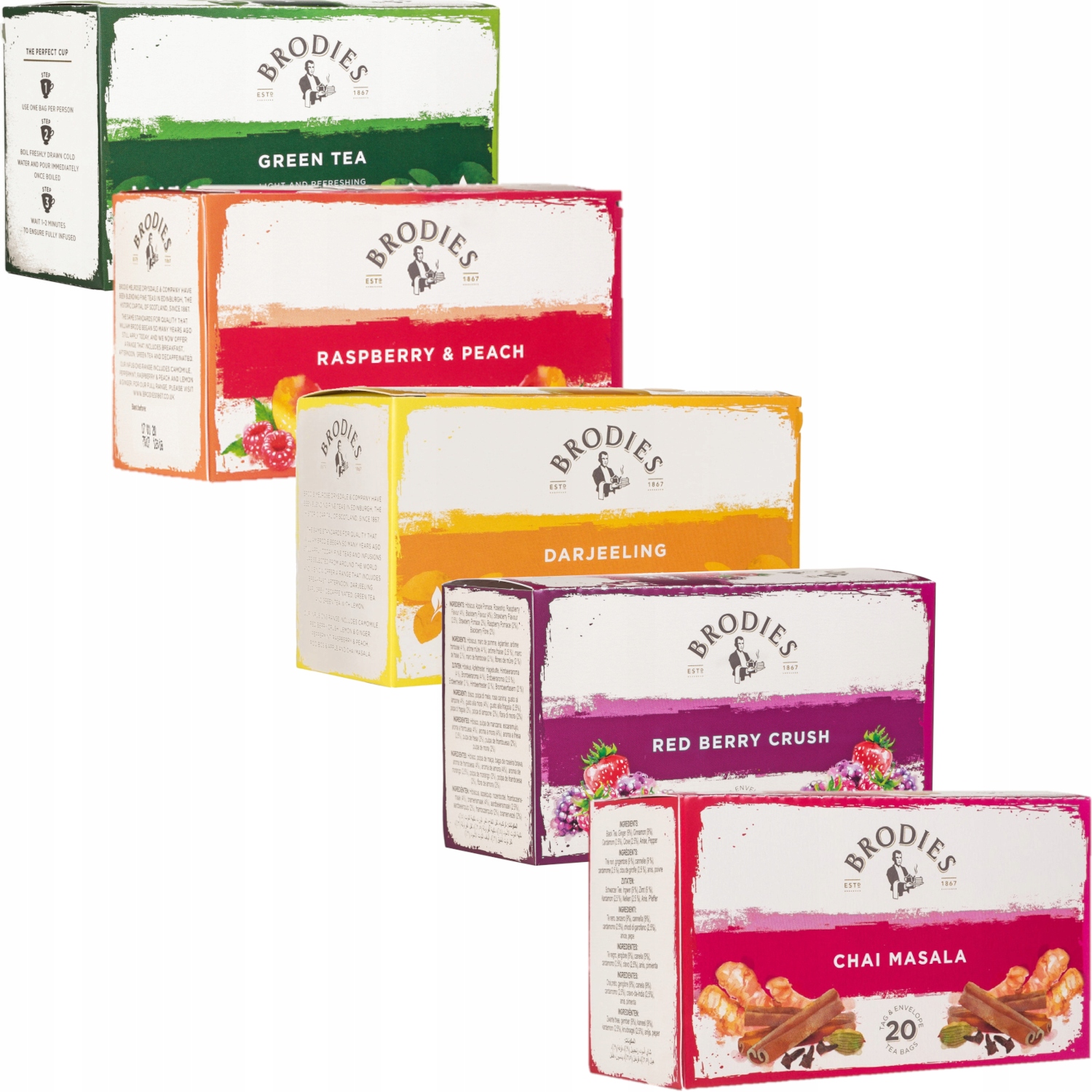 Zestaw herbat mix czarna zielona owocowa chai masala Brodies w saszetkach