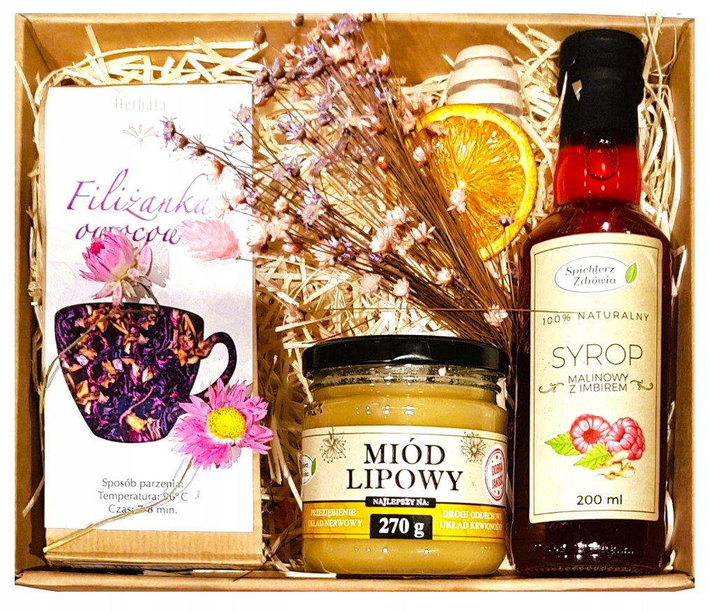 Kosz Prezentowy Herbata Syrop Miód Kwiaty Na Dzień Dla Nauczyciela