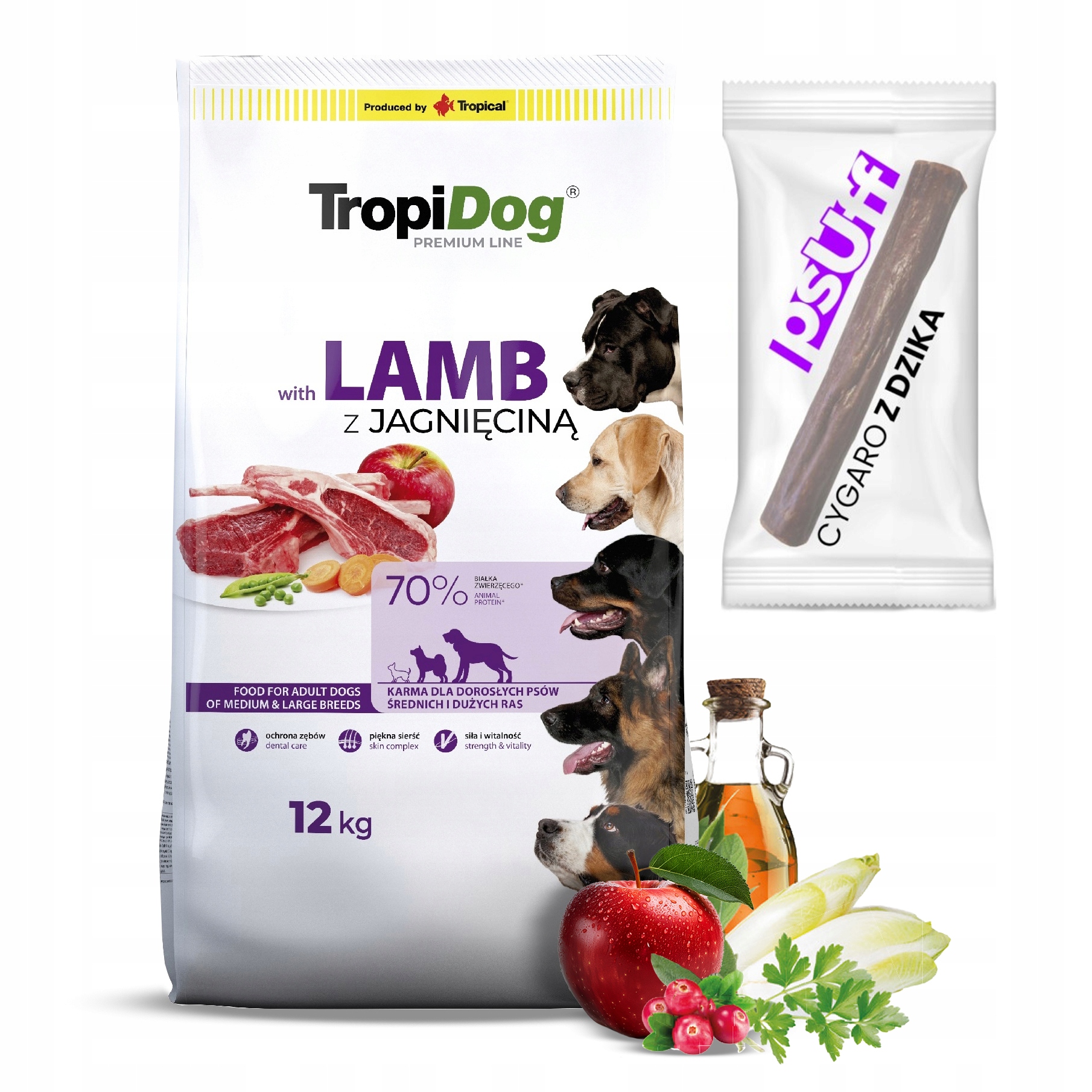 TropiDog Premium sucha karma dla psa Jagnięcina Z Ryżem 12 kg Cygaro Dzik