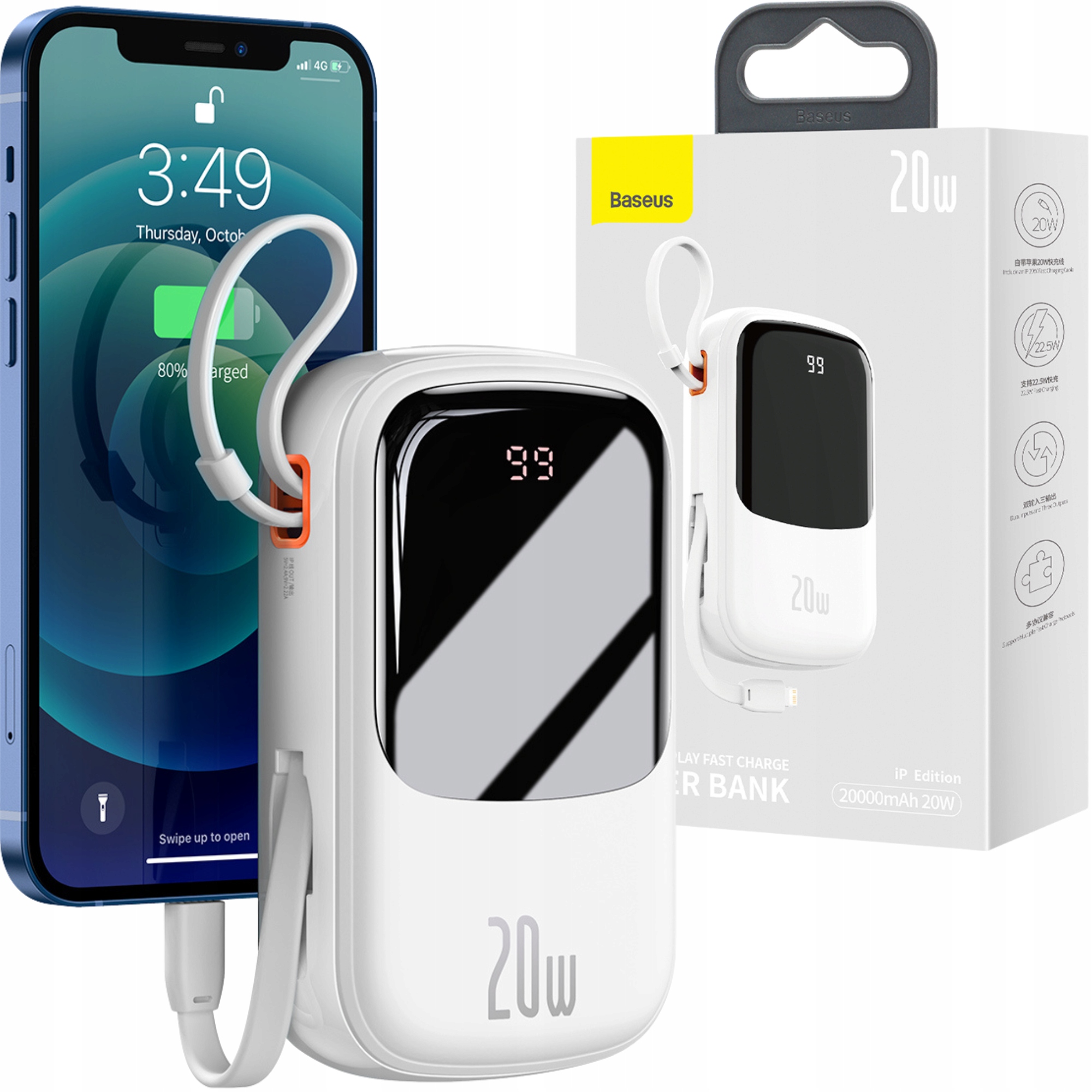 Baseus Powerbank 20000mAh Qpow Pro Usb TypC PD20W z kablem Lightning