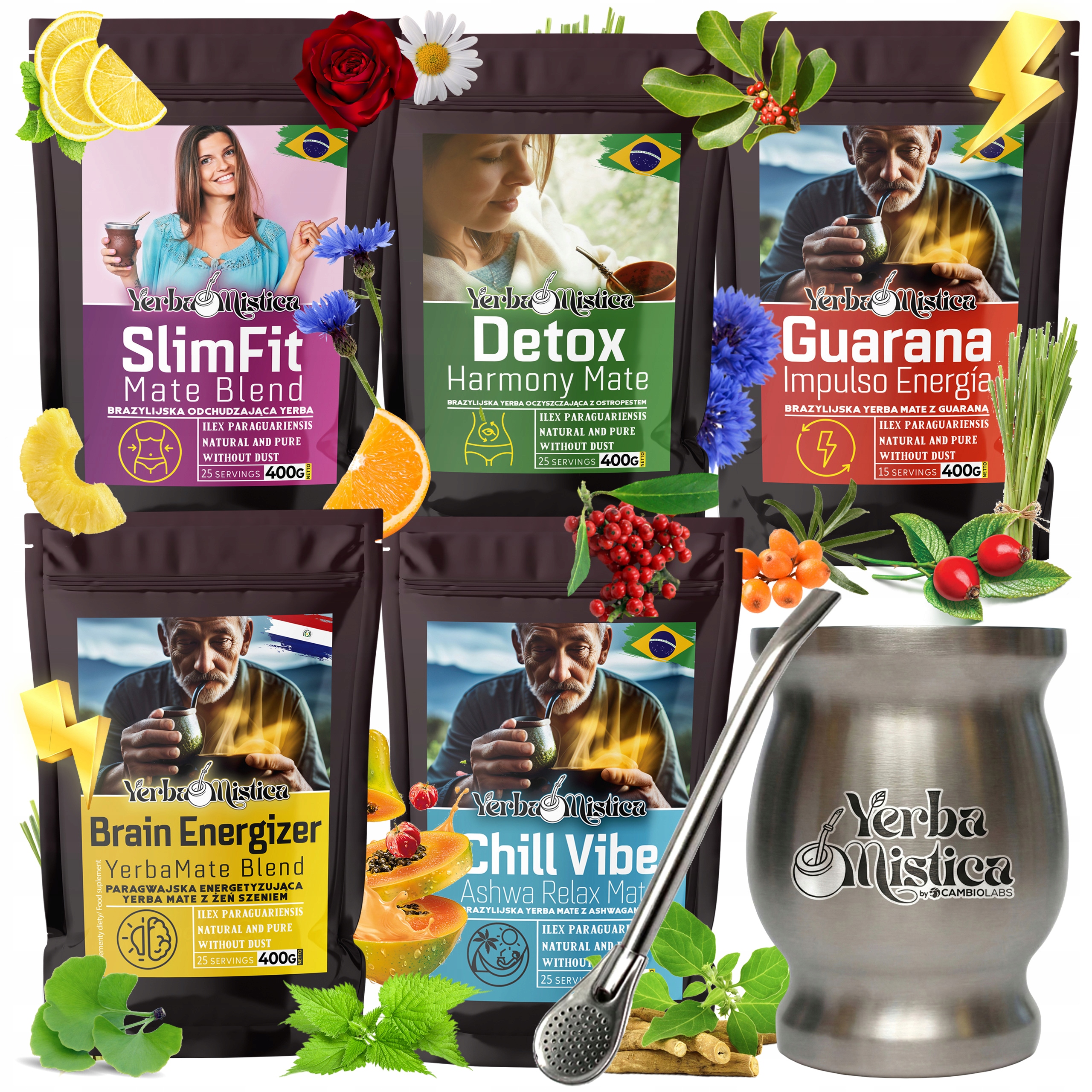 Levně Yerba Mate Premium Sada x5 Kovová Matero Bombilla Brazílie Paraguayská