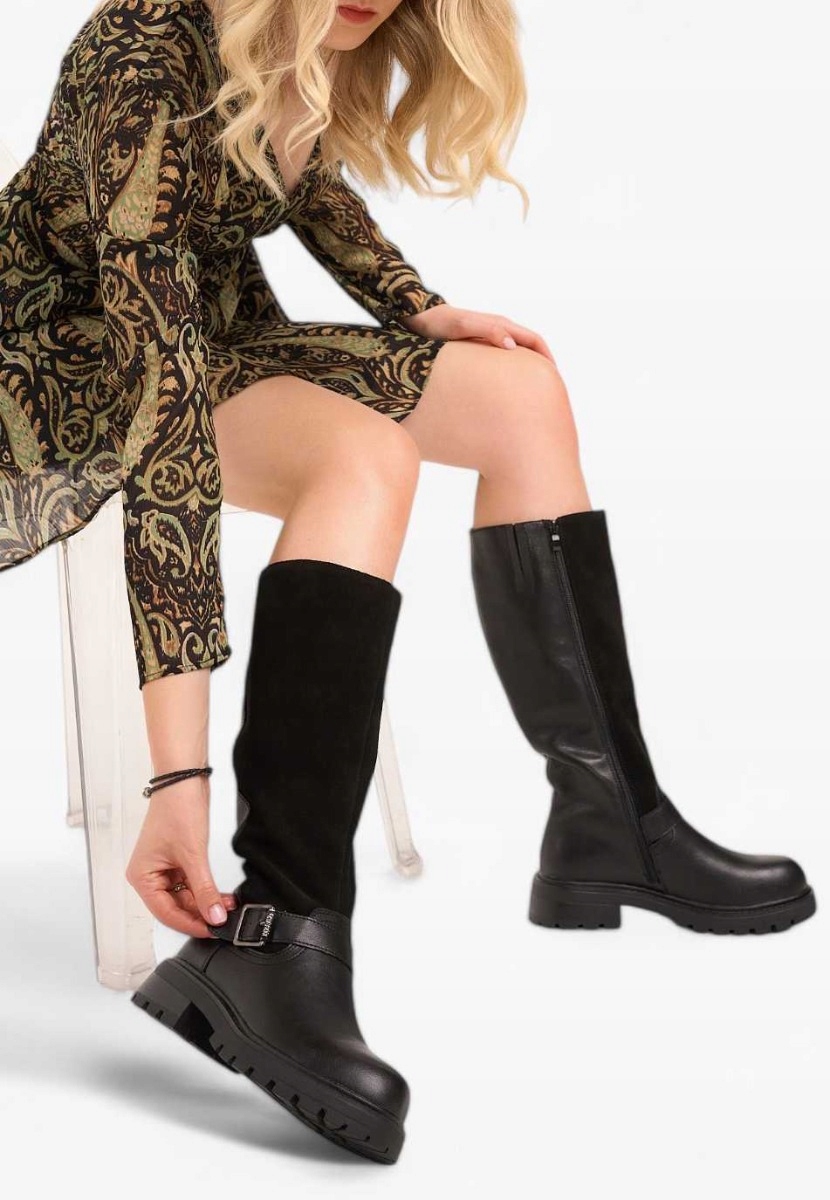 Černé Nízké Kozačky Kozačky Kožené A Semišové Zateplené 39