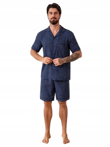 Rozepínací Pánské Pyžamo, Horní Část Kompletně Zapínaná Na Knoflíky, Šortky, Mřížka