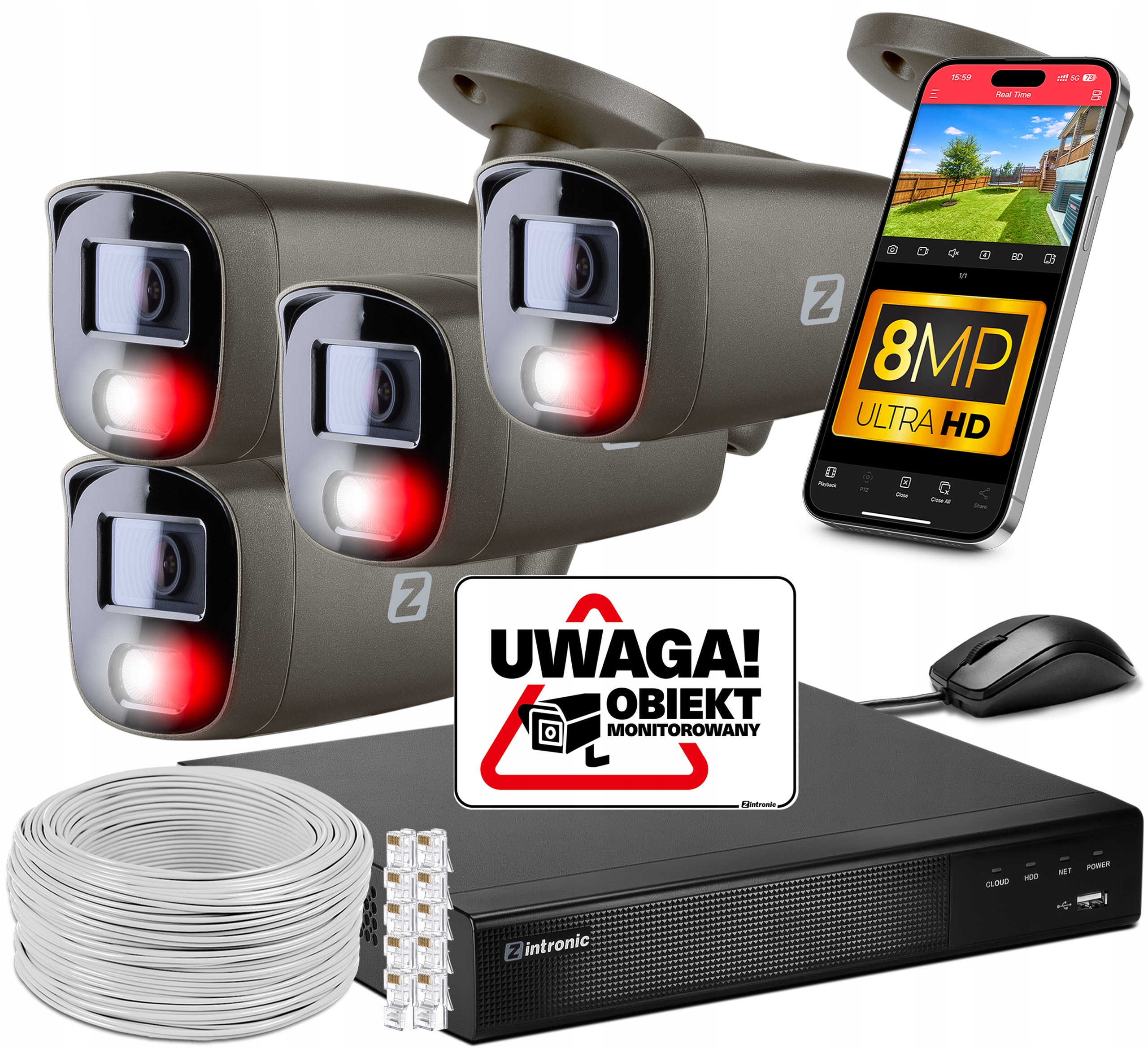 Sada pro 4 kamery Monitoring Poe 4K Ultra Hd 8Mpx Šedá